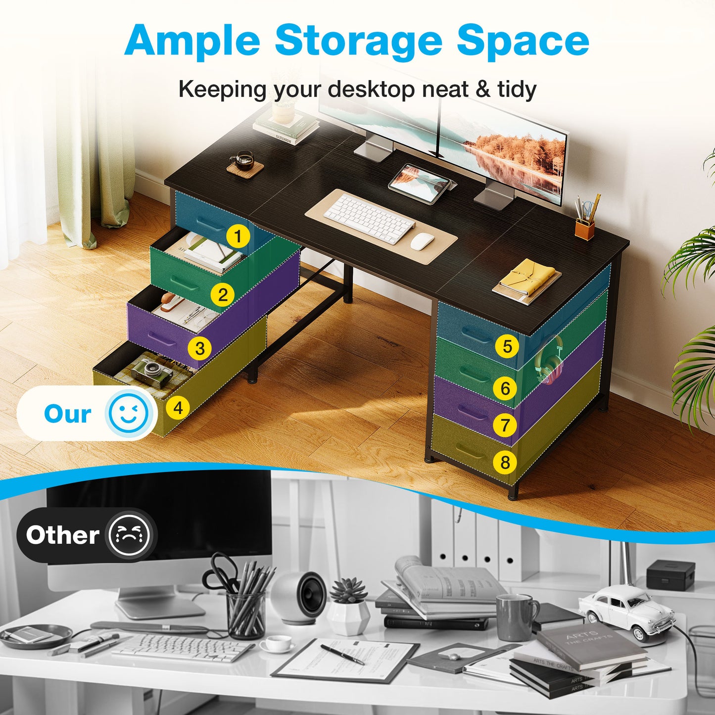 Black Computer Desk with Drawers for Storage - 48 inch Home Office Desk with 8 Fabric Drawers, Writing Study Desk with Drawers on Both Sides for Bedroom