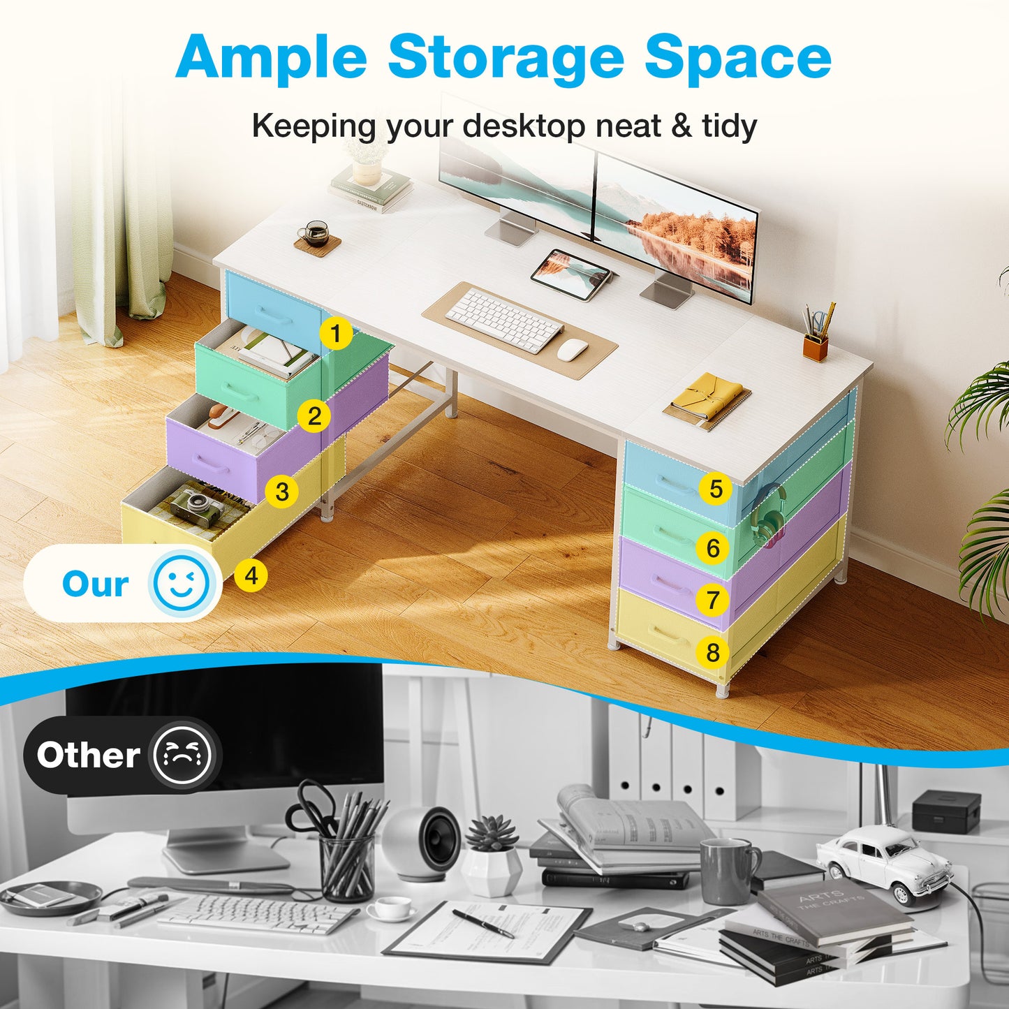 White Computer Desk with Drawers for Storage - 55 inch Home Office Desk with 8 Fabric Drawers, Writing Study Desk with Drawers on Both Sides for Bedroom