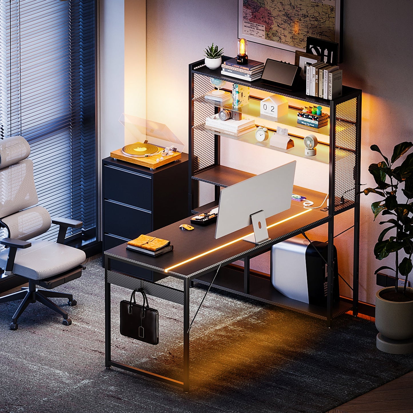 Sofanext L Shaped Gaming Desk, Reversible Computer Desk with Power Outlet, Gaming Table with LED Lights, L Shaped Desk with Glass Display Storage Shelves, Glass Gaming Desk, Black
