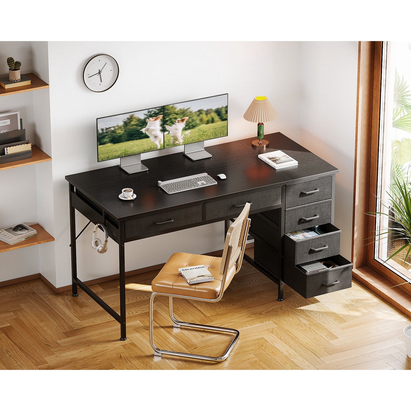 48" Home Office Desk with 6 Drawers, Modern Computer Desk with Small Space, Corner Computer Desk, Black