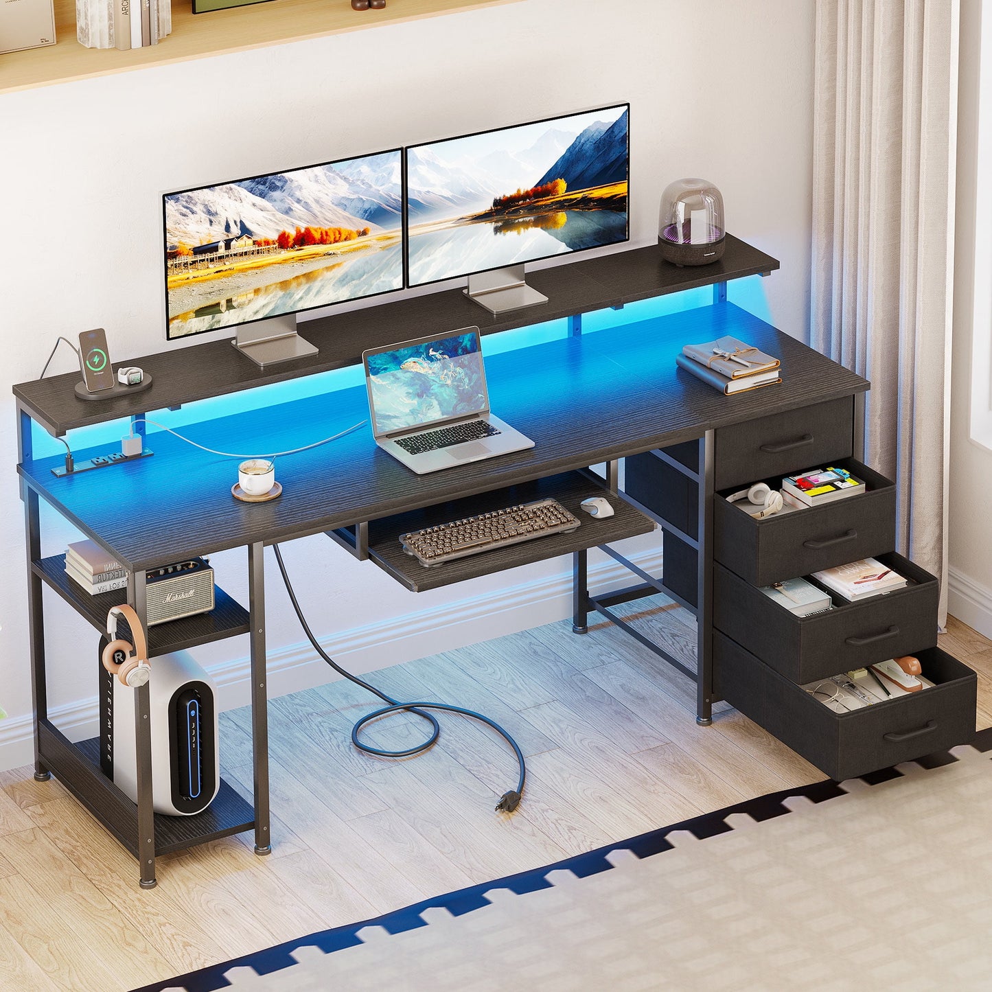 63 Inch Office Desk with Power Outlet and Adjustable Monitor Stand, Computer Desk with Fabric Drawer and Keyboard Tray, Gaming Desk with LED Light & PC Stand, Table for Bedroom with USB Ports, Black