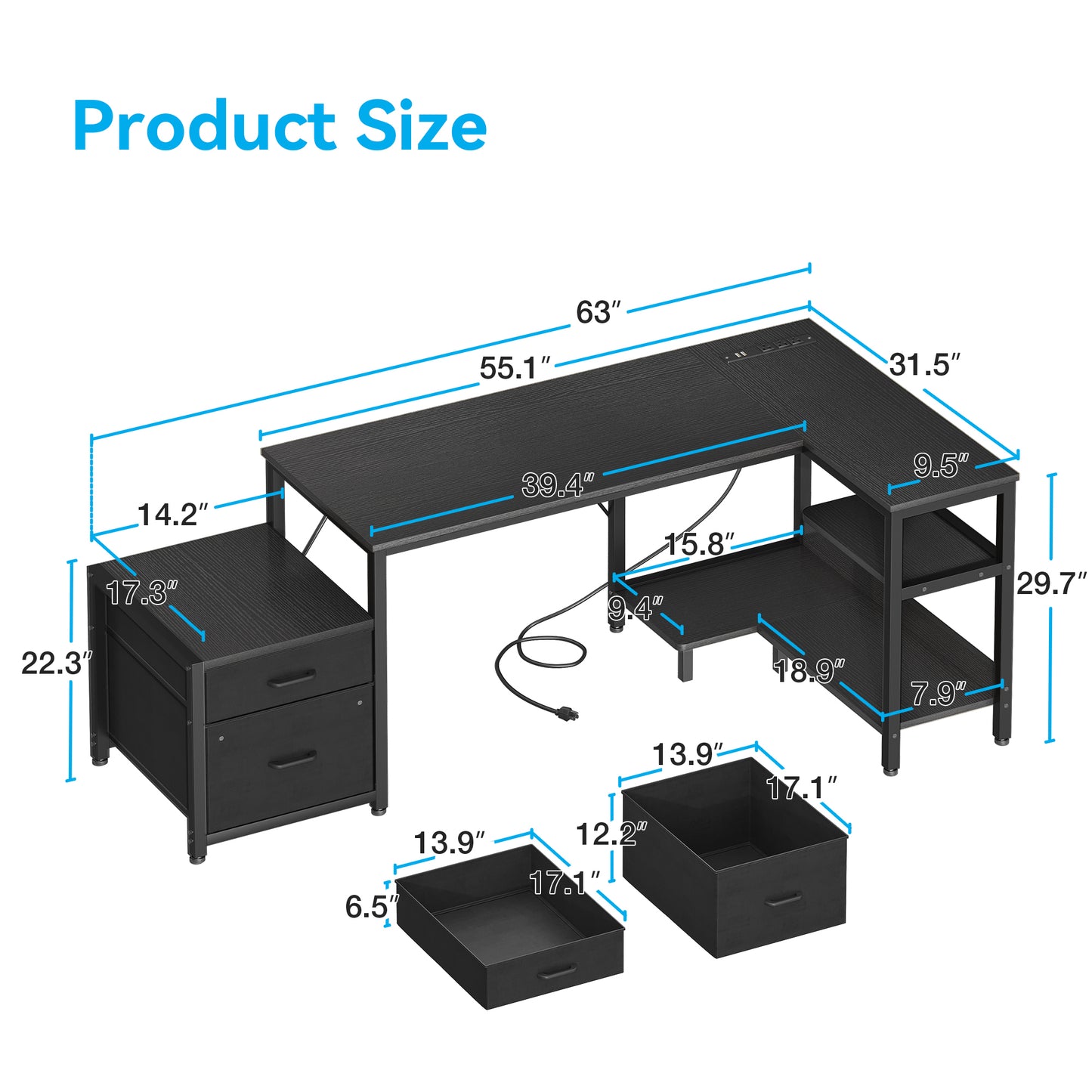 63" Office Desk with Power Outlets & CPU Holder, L-Shaped Corner Desk with File Cabinet, Storage Shelf & 2 Drawers for Large Spaces, Black