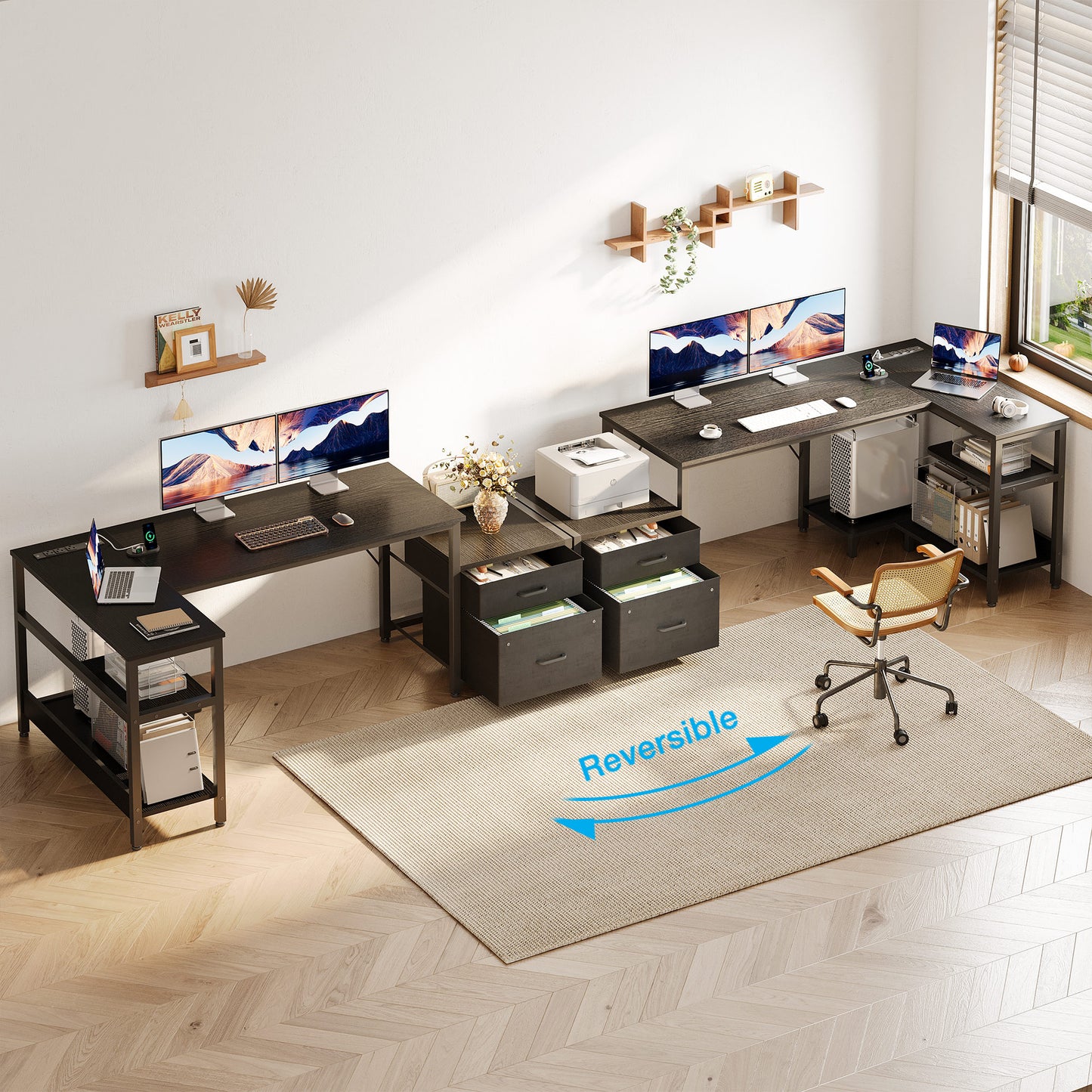 63" Office Desk with Power Outlets & CPU Holder, L-Shaped Corner Desk with File Cabinet, Storage Shelf & 2 Drawers for Large Spaces, Black