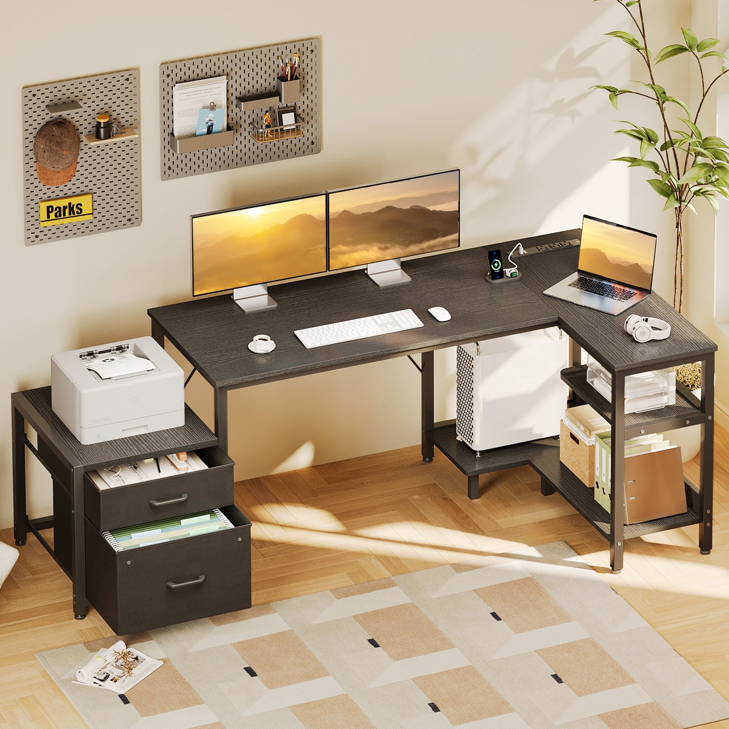 63" Office Desk with Power Outlets & CPU Holder, L-Shaped Corner Desk with File Cabinet, Storage Shelf & 2 Drawers for Large Spaces, Black