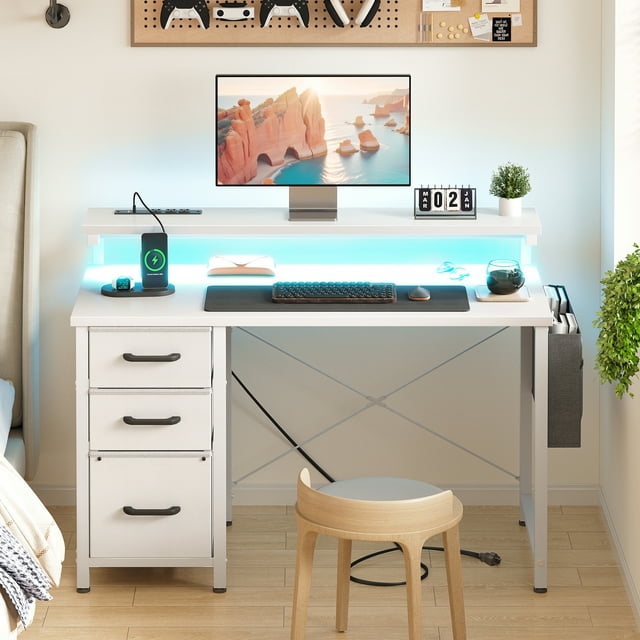 40 inch Computer Desk with Power Outlets & LED Lights, Home Office Desk with 3 Drawers & Adjustable Monitor Shelf, Writing Desk with Storage Bag, White