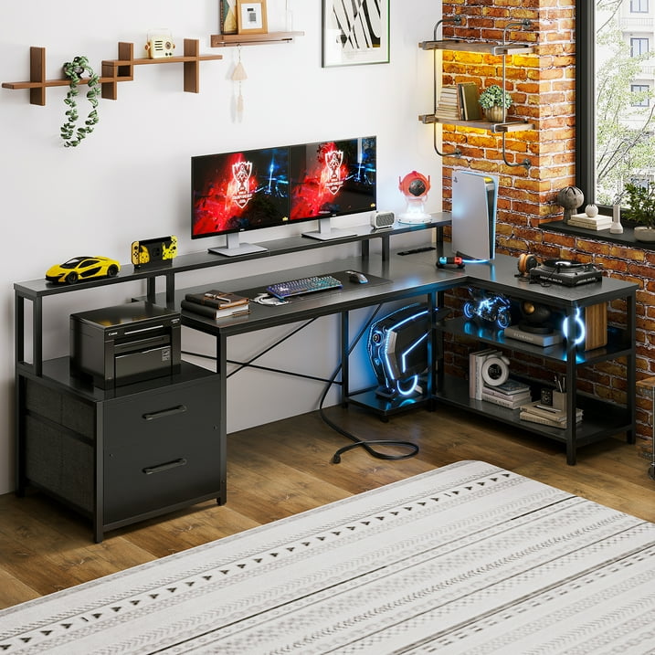 66" Reversible L Shaped Desk with File Drawer & Power Outlet, Modern Computer Desk with LED Strip, Home Office Desk with Storage Shelves, Gaming Desk with Monitor Shelf, Corner Desk, Black