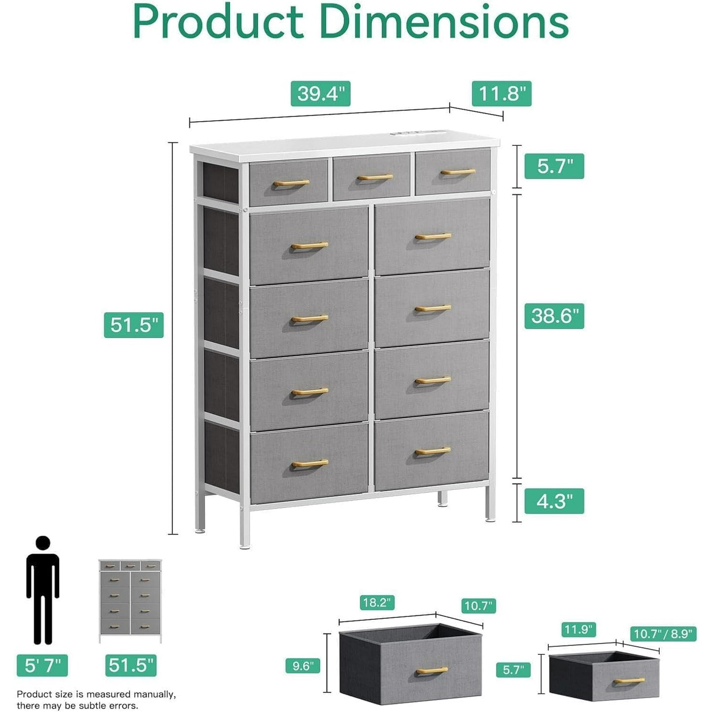 52 inch Tall Dresser with Charging Station for Bedroom with 11 Storage Drawers, Large Fabric Dressers for Hallway, Light Grey