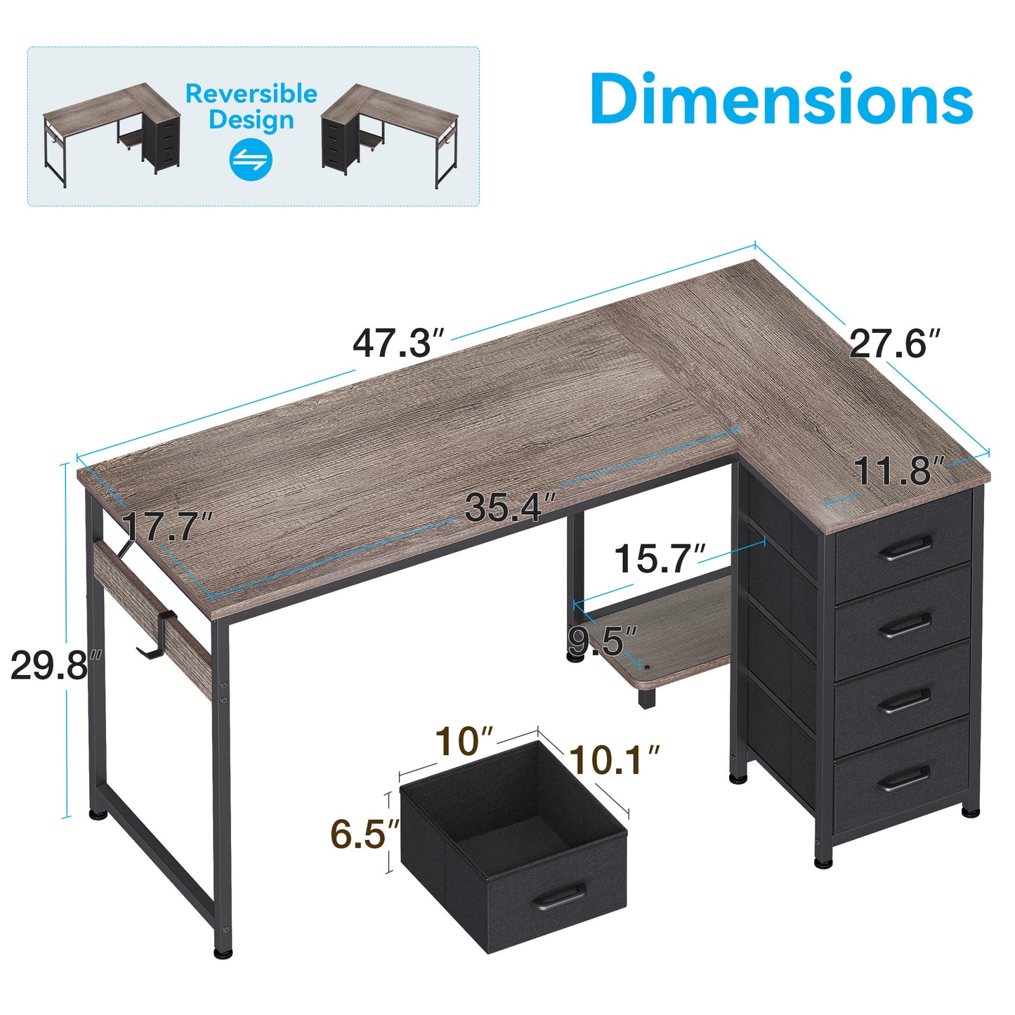 48 inch Computer Desk with 4 Fabric Drawers — Home Office Desks with Storage, Writing Desk with Side Hook, Kids Desk Study/Work Table for Bedroom and Small Space, Oak Grey