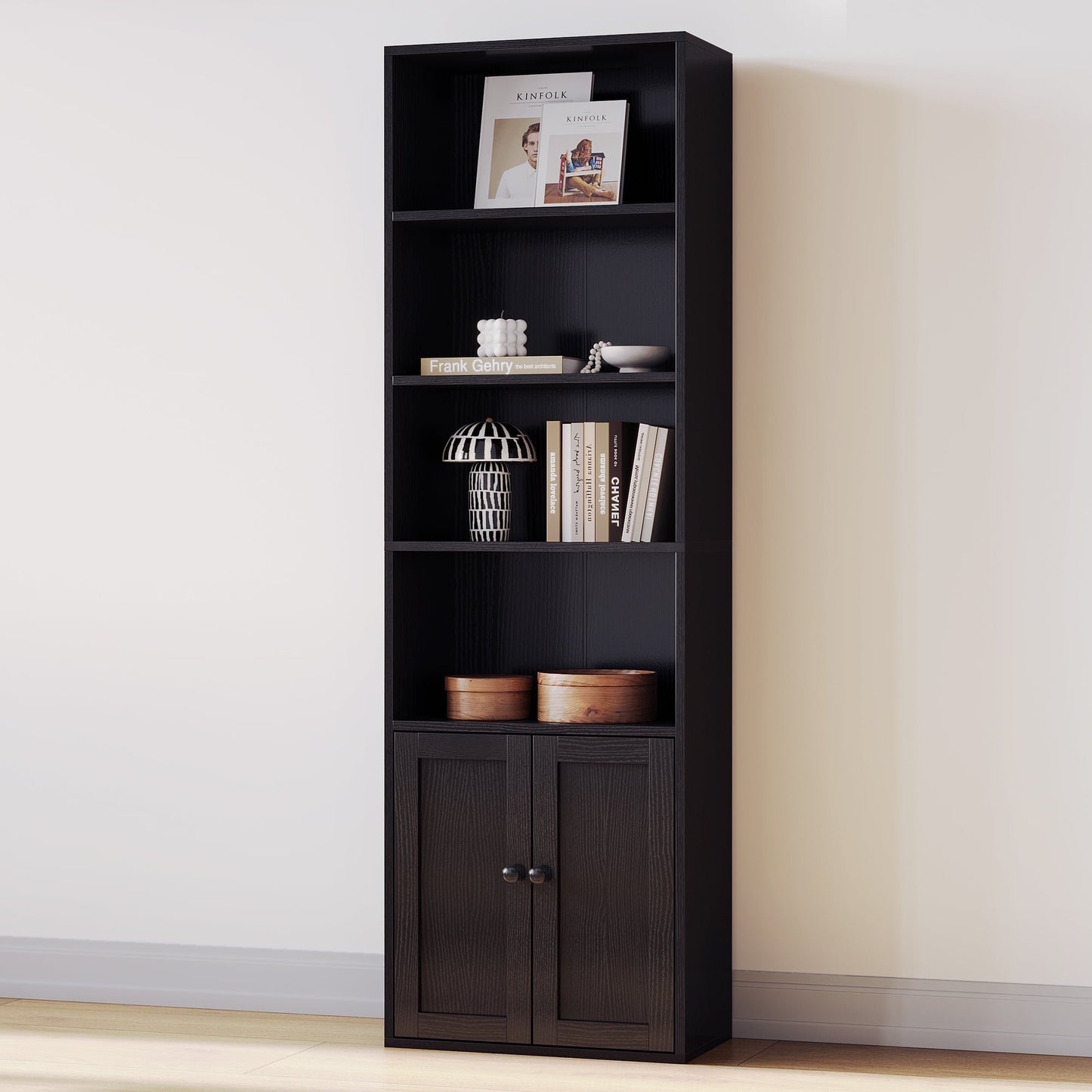 Sofanext 6-Tier Bookcase Set of 2 with Cabinet, Modern Bookshelf for Home Office, Living Room or Bedroom, Easy Assembly & Stable Structure, Black