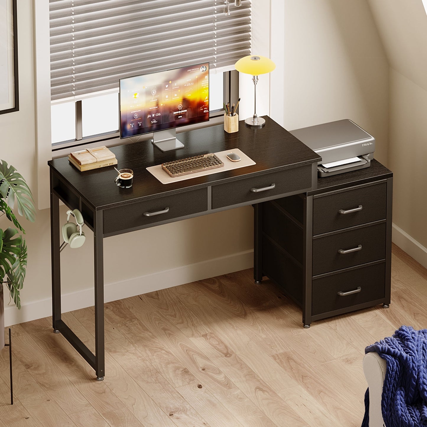Sofanext Computer Desk with 5 Drawers, Reversible Home Office Desks with Printer Stand, Study Writing Table Workstation for Small Spaces, Black