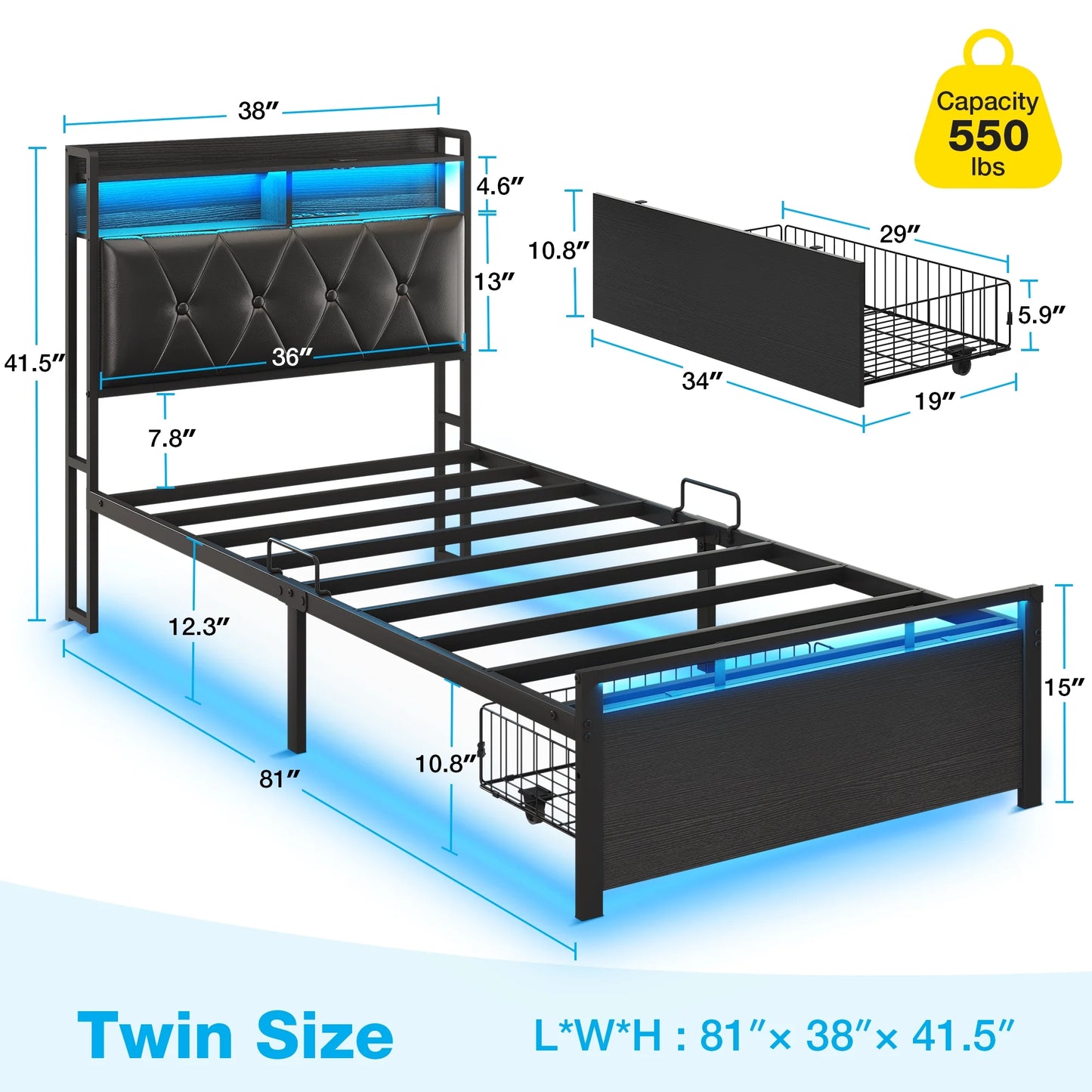 Bed Frame Twin Size with Storage Headboard and Drawer for Kids, Upholstered Platform Bed with Charging Station and LED Light, Heavy Duty Frame Support, No Box Spring Needed, Noise Free, Black