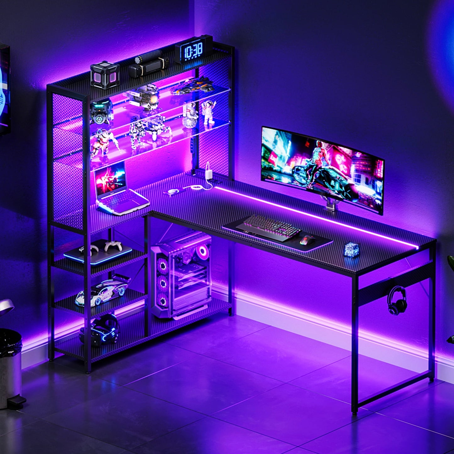 Sofanext L Shaped Gaming Desk, Reversible Computer Desk with Power Outlet, Gaming Table with LED Lights, L Shaped Desk with Glass Display Storage Shelves, Glass Gaming Desk, Black