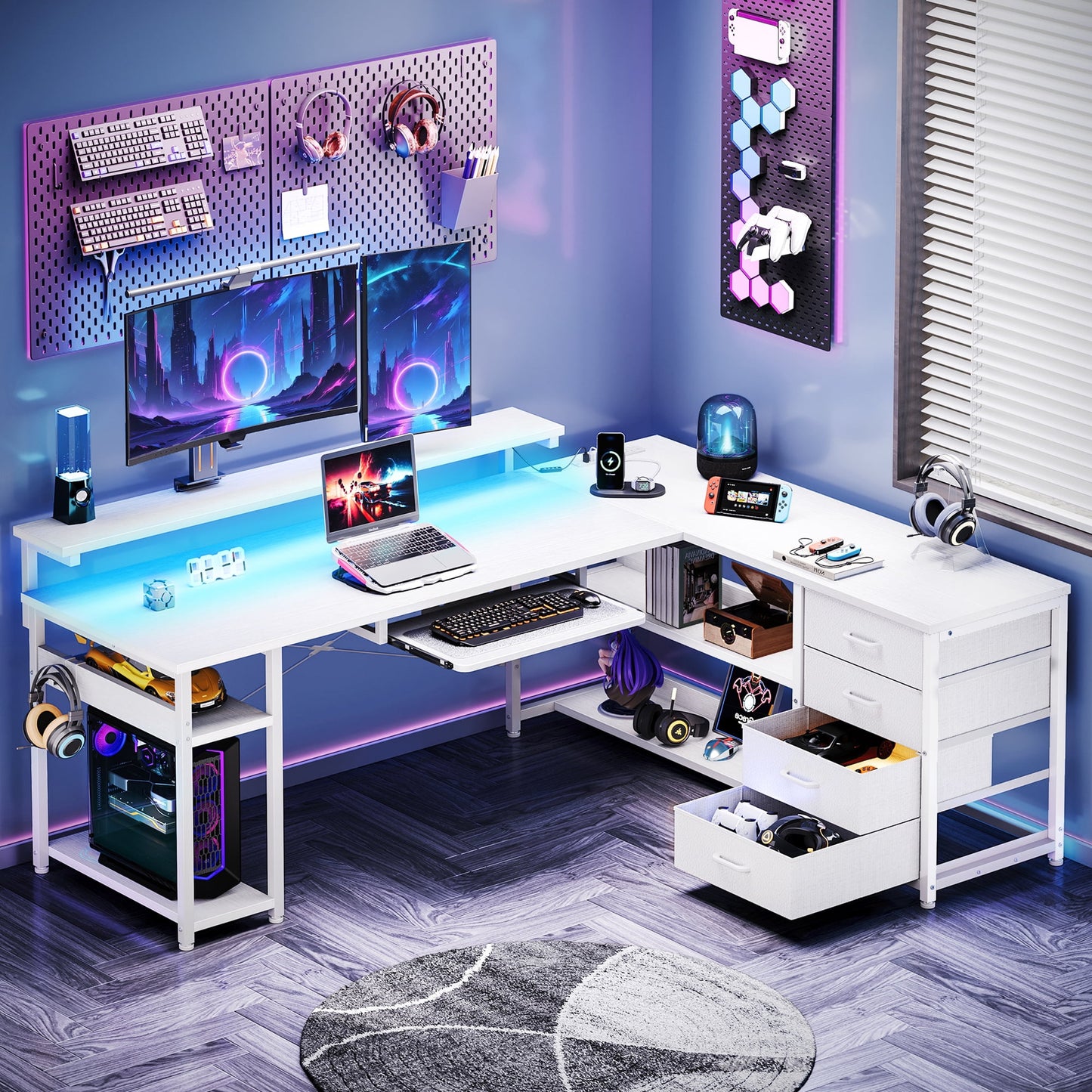 L-Shaped Computer Desk with Power Outlets, Adjustable Monitor Shelf, Storage Drawers, Keyboard Tray & LED Lights, Reversible Gaming Desk for Home Office, Pure White