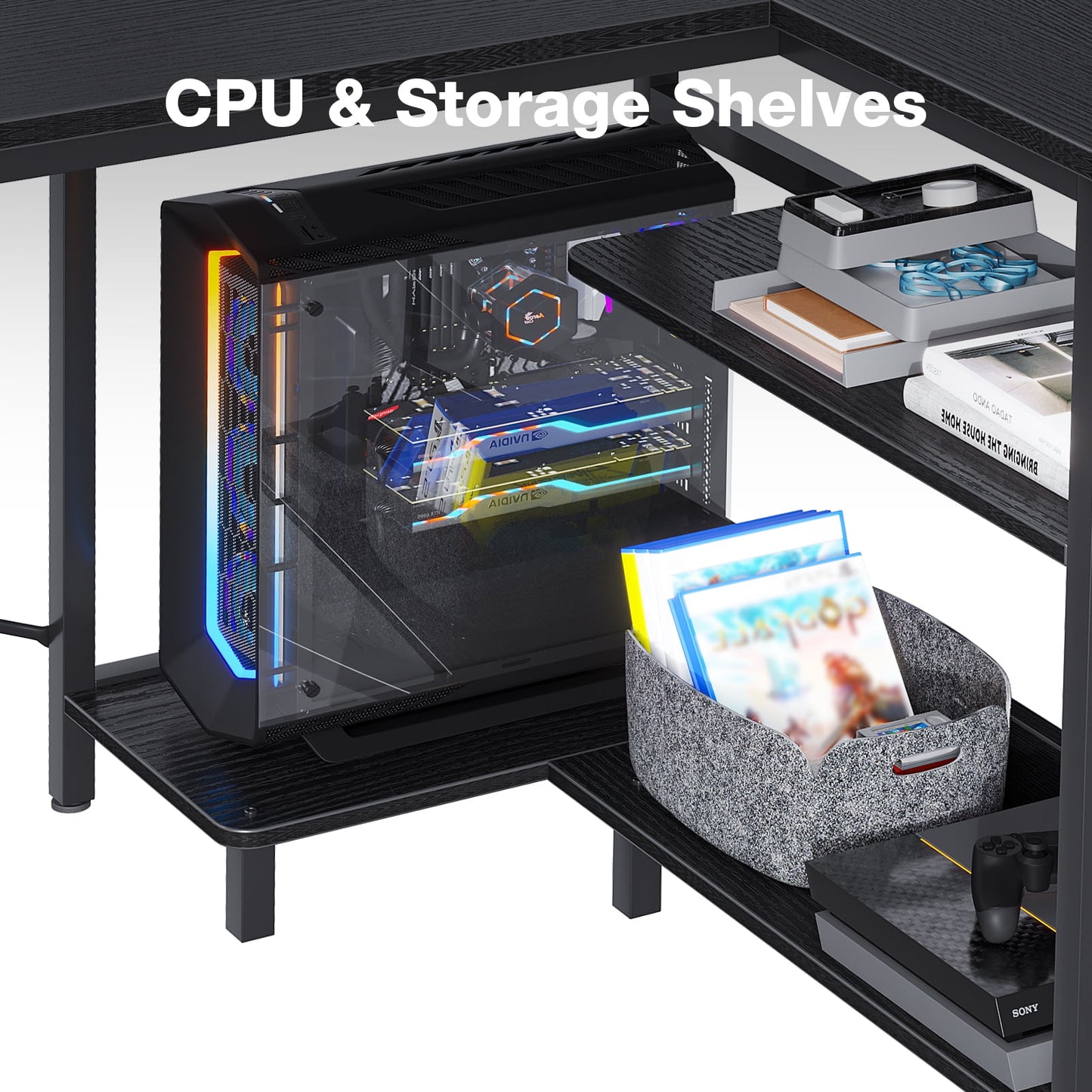 48 inch Reversible L Shaped Gaming Desk with USB Charging Port & Power Outlet, Corner Computer Desk with Storage Shelves/Bag, Home Office Desk with Monitor Shelf, Modern Writing Table, Black