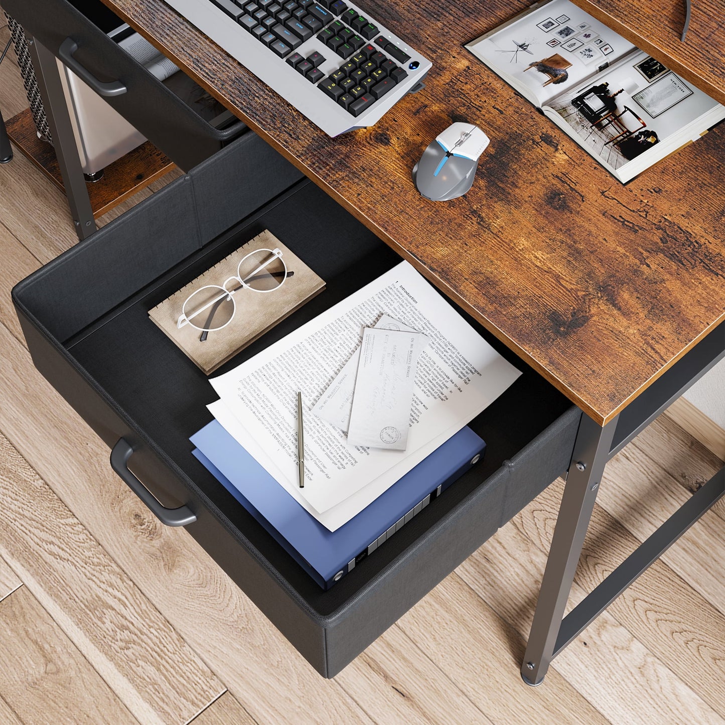 Computer Desk with Drawers and Storage Shelves, 48 inch Home Office Desk with Monitor Stand, Work Study PC Desk for Small Spaces, Rustic Brown