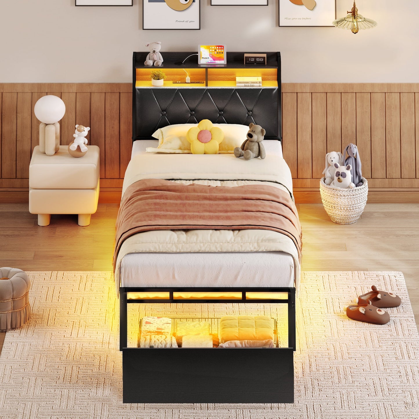 Bed Frame Twin Size with Storage Headboard and Drawer for Kids, Upholstered Platform Bed with Charging Station and LED Light, Heavy Duty Frame Support, No Box Spring Needed, Noise Free, Black