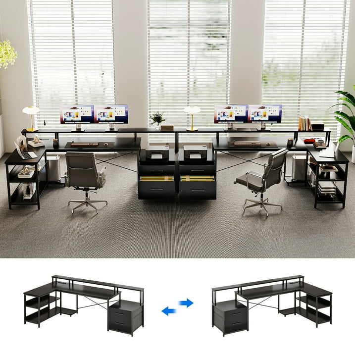 66" Reversible L Shaped Desk with File Drawer & Power Outlet, Modern Computer Desk with LED Strip, Home Office Desk with Storage Shelves, Gaming Desk with Monitor Shelf, Corner Desk, Black
