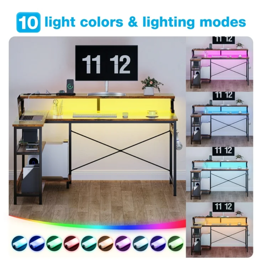 48 inch Reversible L Shaped Gaming Desk with LED Lights & Power Outlet, Corner Computer Desk with Storage Shelves & CPU Stand, Home Office Desk with Monitor Shelf, Modern Writing Table, Vintage