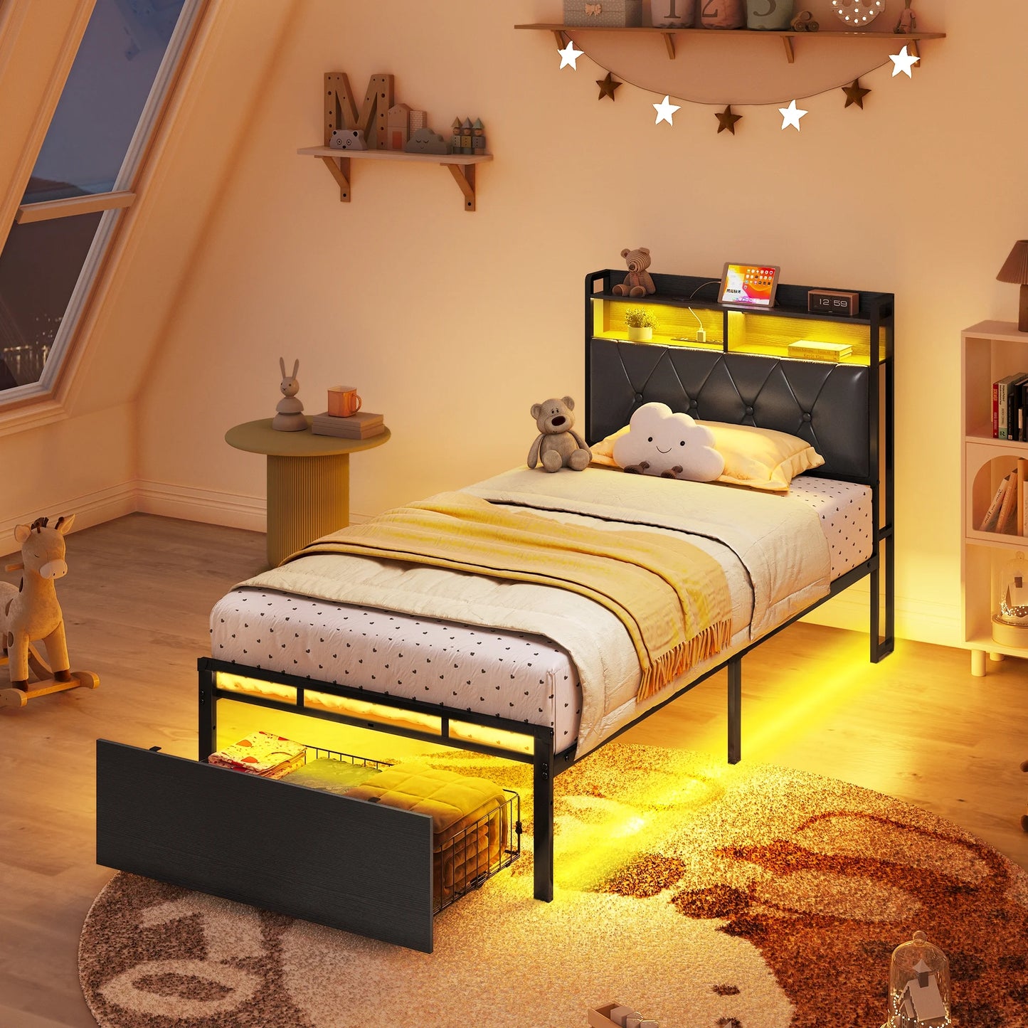 Bed Frame Twin Size with Storage Headboard and Drawer for Kids, Upholstered Platform Bed with Charging Station and LED Light, Heavy Duty Frame Support, No Box Spring Needed, Noise Free, Black