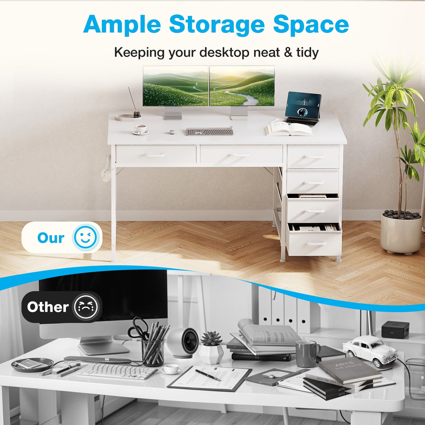 Sofanext 48" Home Office Desk with 6 Drawers, Modern Computer Desk with Small Space, Corner Computer Desk, Pure White