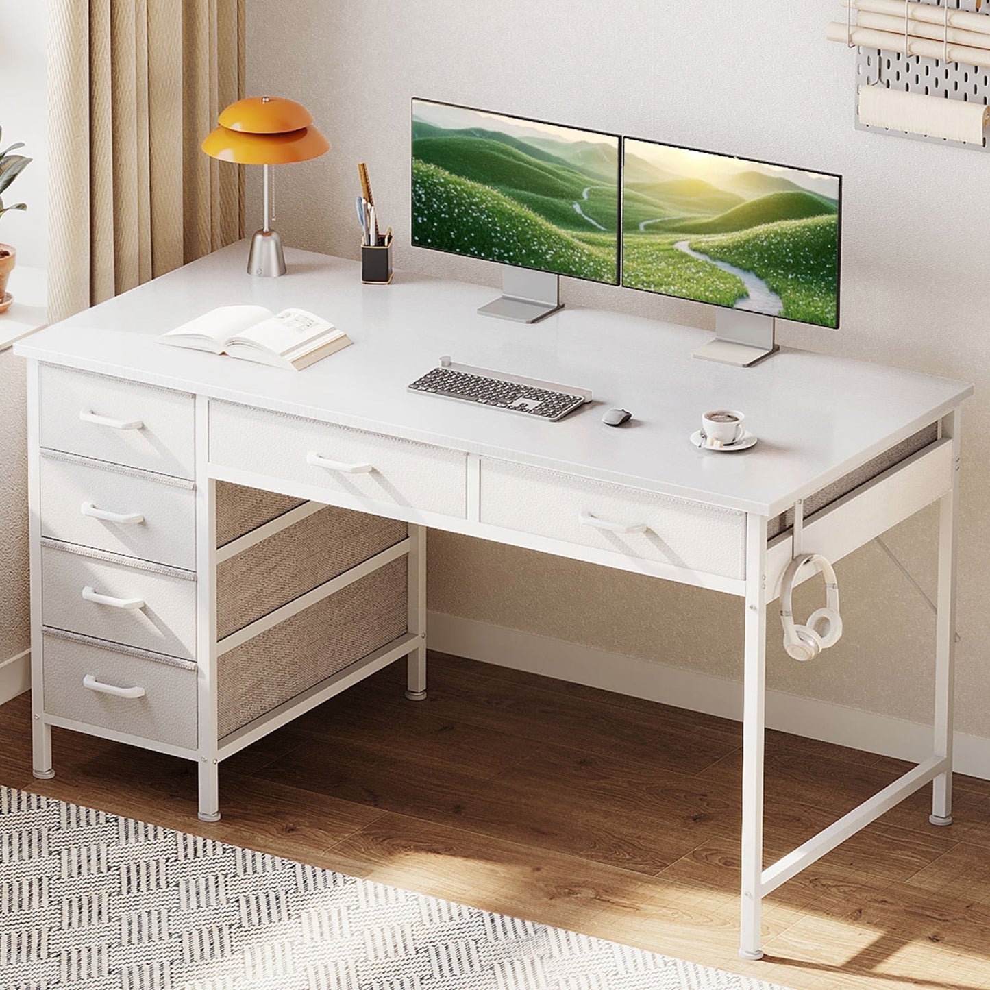 Casacomoda 48" Home Office Desk with 6 Drawers, Modern Computer Desk with Small Space, Corner Computer Desk, Pure White