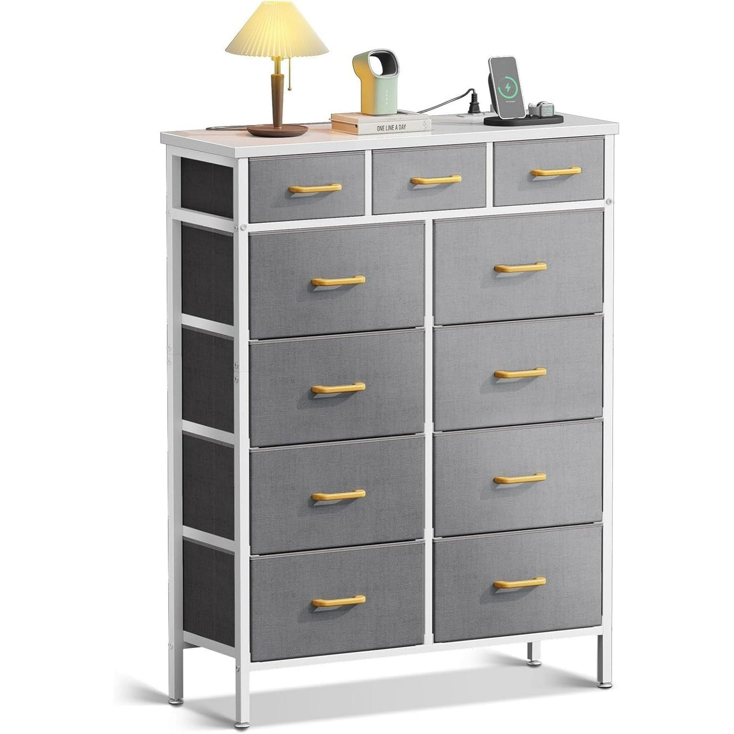 52 inch Tall Dresser with Charging Station for Bedroom with 11 Storage Drawers, Large Fabric Dressers for Hallway, Light Grey