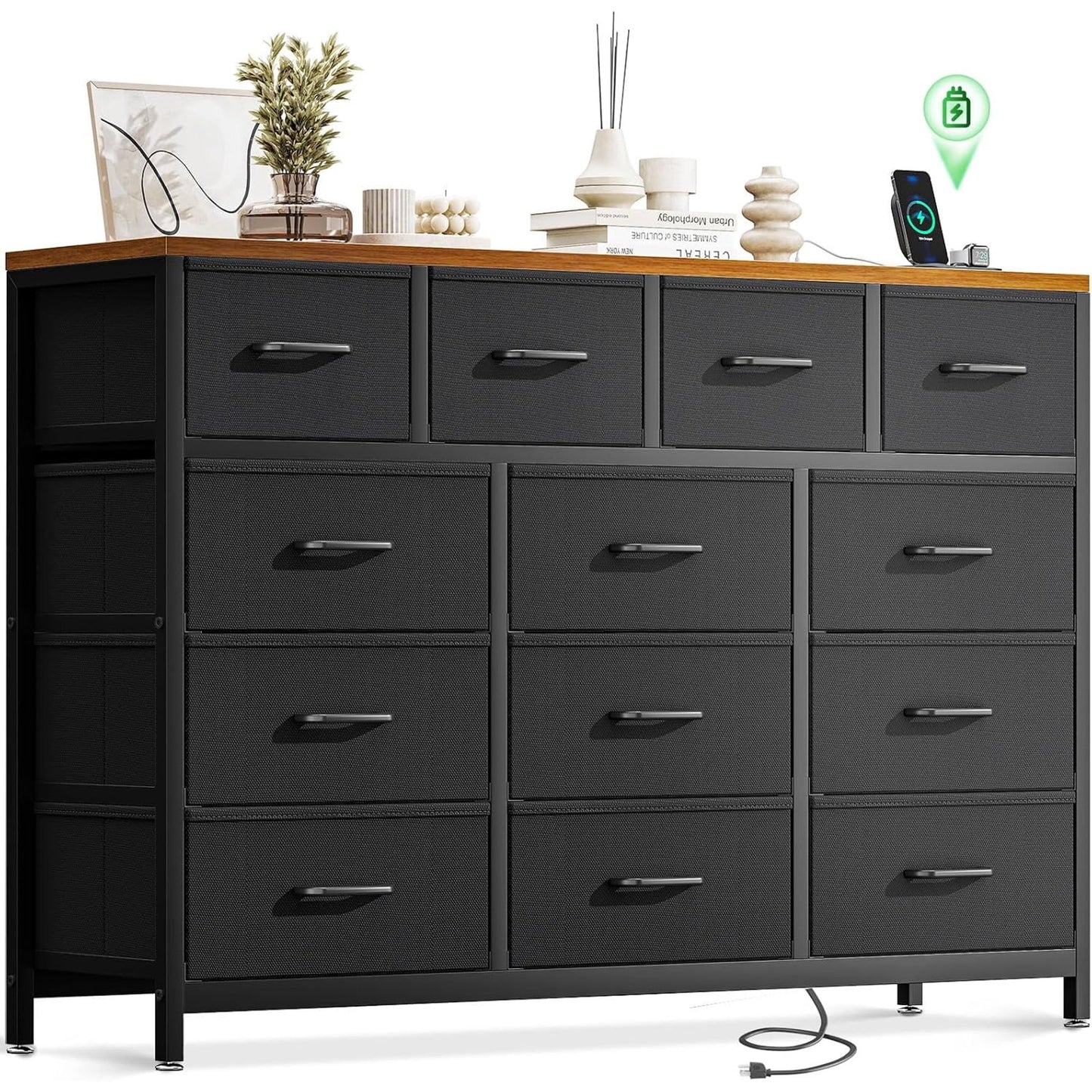 Sofanext 57 inch Large Dresser for Bedroom with Charging Station & 13 Fabric Storage Drawers, Black and Vintage