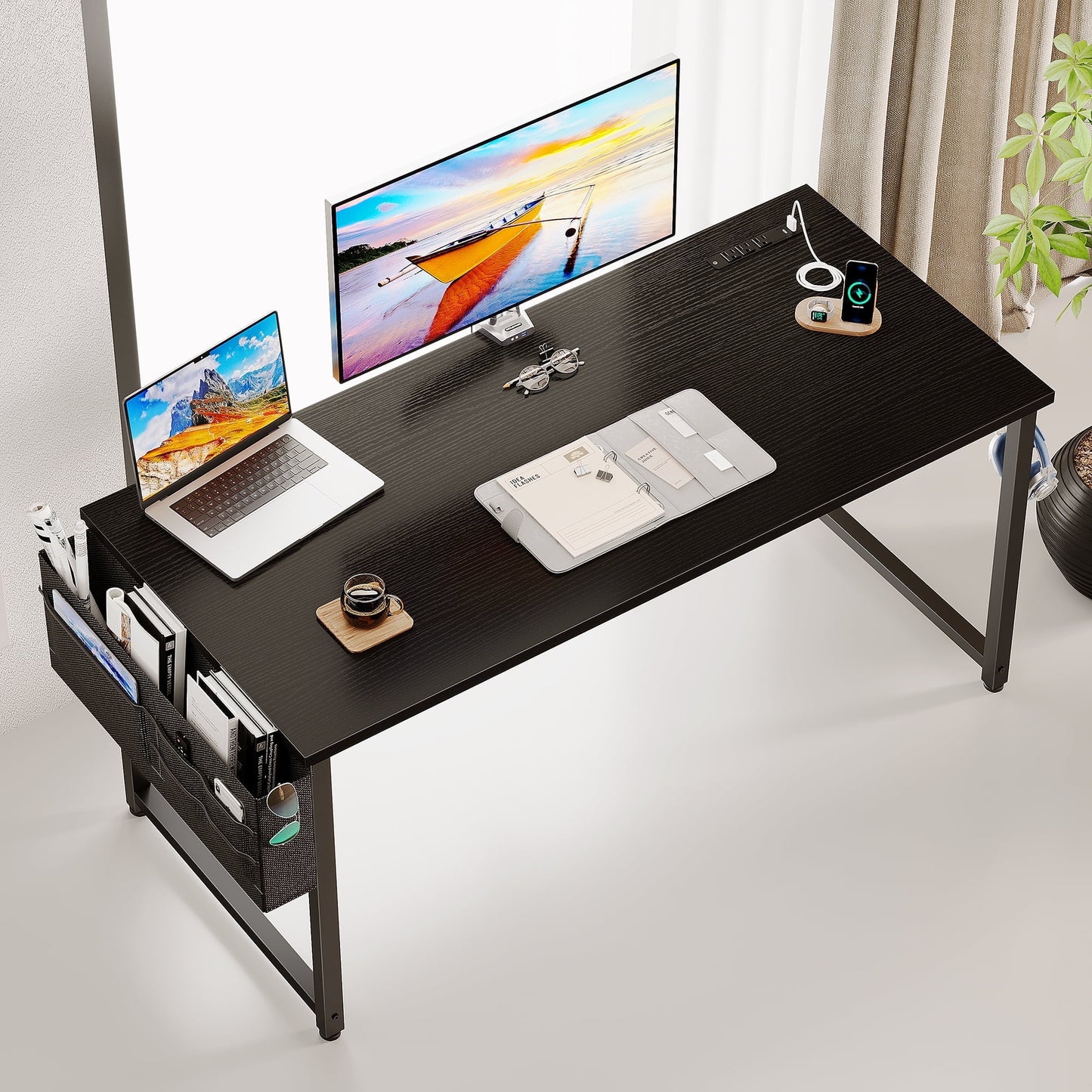 Sofanext 55 inch Computer Desk, Large Home Office Desk with Power Outlet, Student Desk with Storage Bag & Headphone Hook, Black