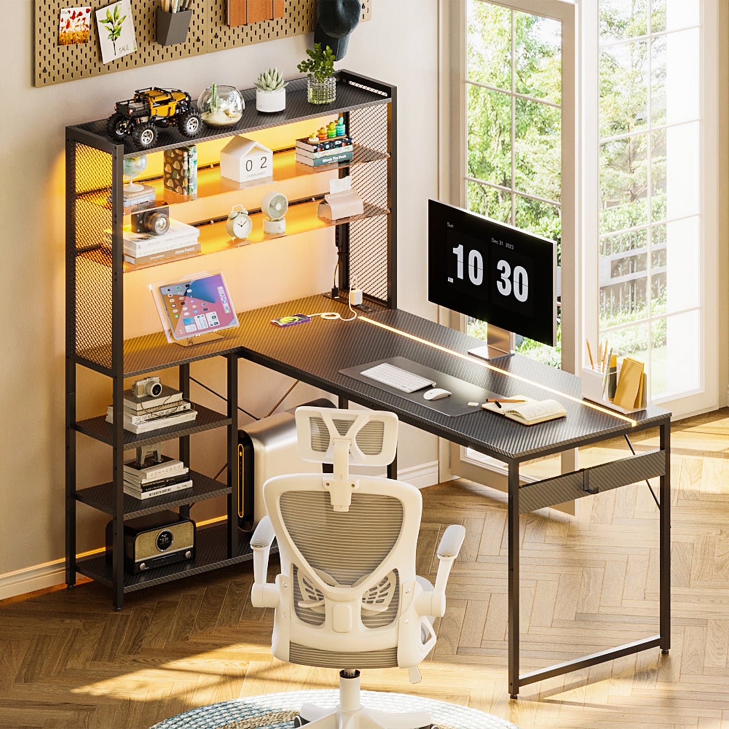 Sofanext L Shaped Gaming Desk, Reversible Computer Desk with Power Outlet, Gaming Table with LED Lights, L Shaped Desk with Glass Display Storage Shelves, Glass Gaming Desk, Black