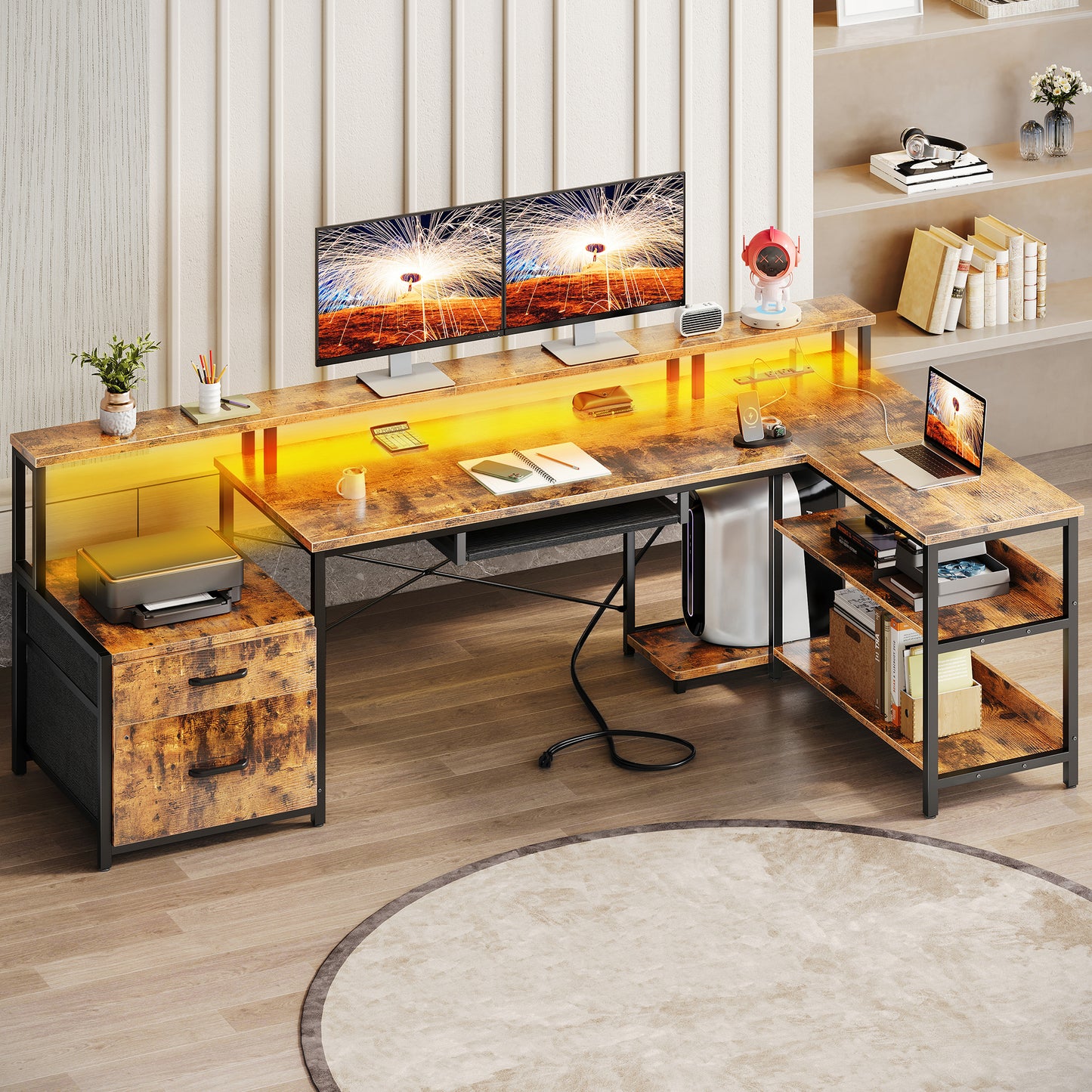 66" Reversible L Shaped Desk with File Drawer & Power Outlet, Modern Computer Desk with Keyboard Tray & LED Strip, Office Table with Storage Shelves, Gaming Desk with Monitor Shelf, Vintage