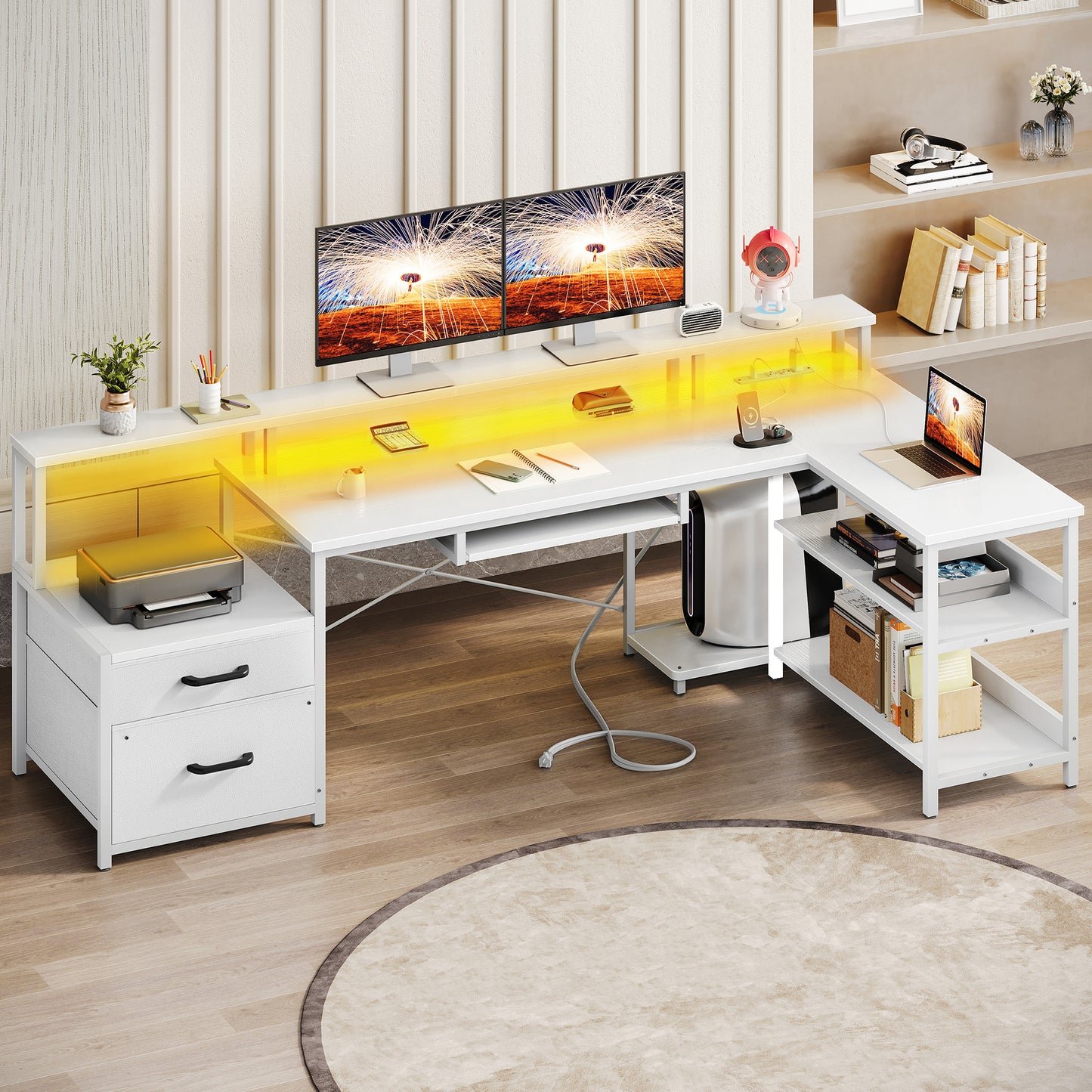 66" Reversible L Shaped Desk with File Drawer & Power Outlet, Modern Computer Desk with Keyboard Tray & LED Strip, Office Table with Storage Shelves, Gaming Desk with Monitor Shelf, White