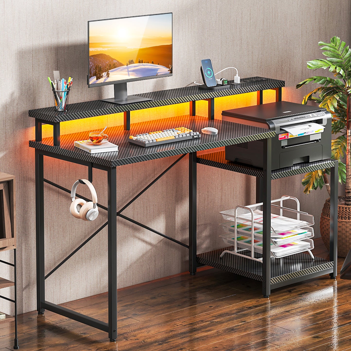 Sofanext 48 Inch Computer Desk with Monitor Stand,Gaming Desk with USB Ports & Power Outlets, Printer Shelf for Home Office, Storage Shelf, Black