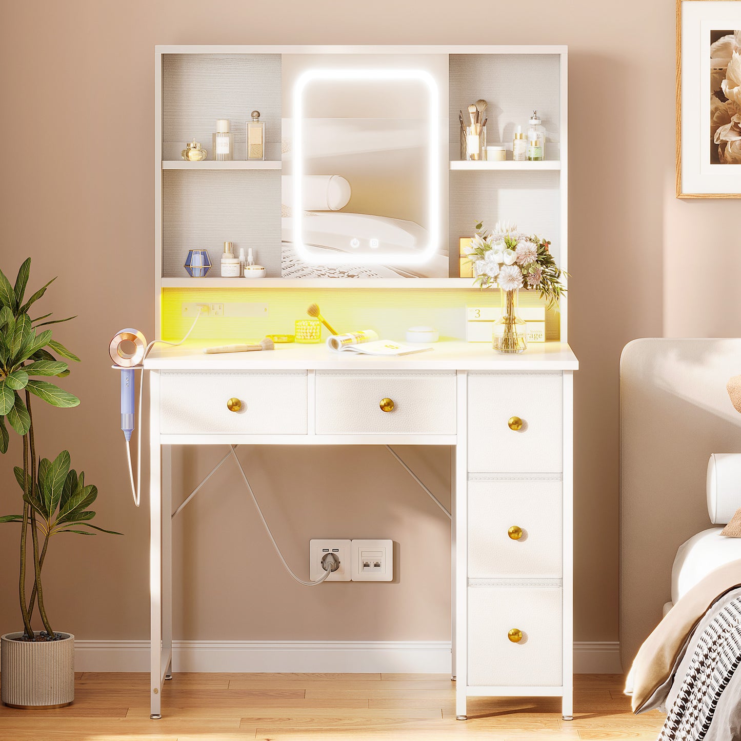 36 inch Reversible Vanity Desk with Charging Station & Mirror for Small Space, Make Up Table with 5 Storage Drawers for Bedroom, Dressing Table with Storage Shelves, Pure White
