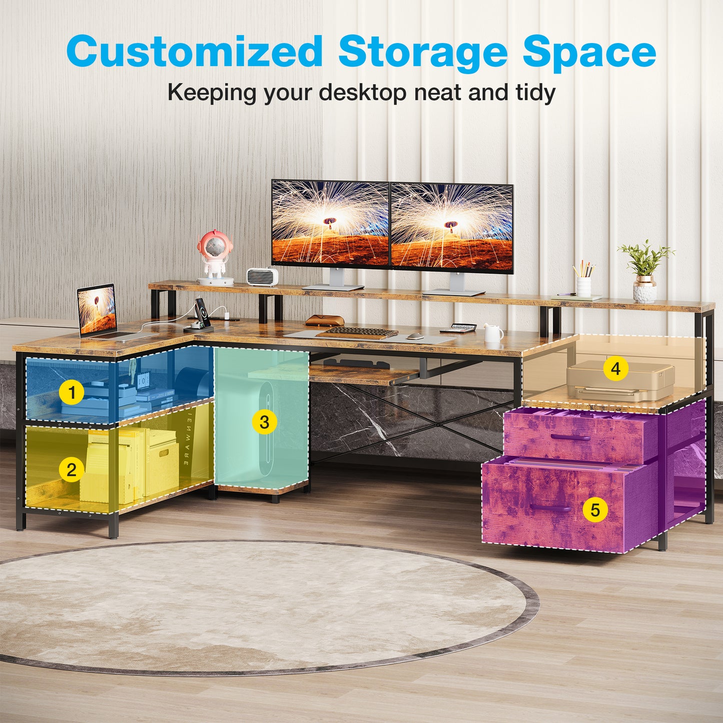 66" Reversible L Shaped Desk with File Drawer & Power Outlet, Modern Computer Desk with Keyboard Tray & LED Strip, Office Table with Storage Shelves, Gaming Desk with Monitor Shelf, Vintage