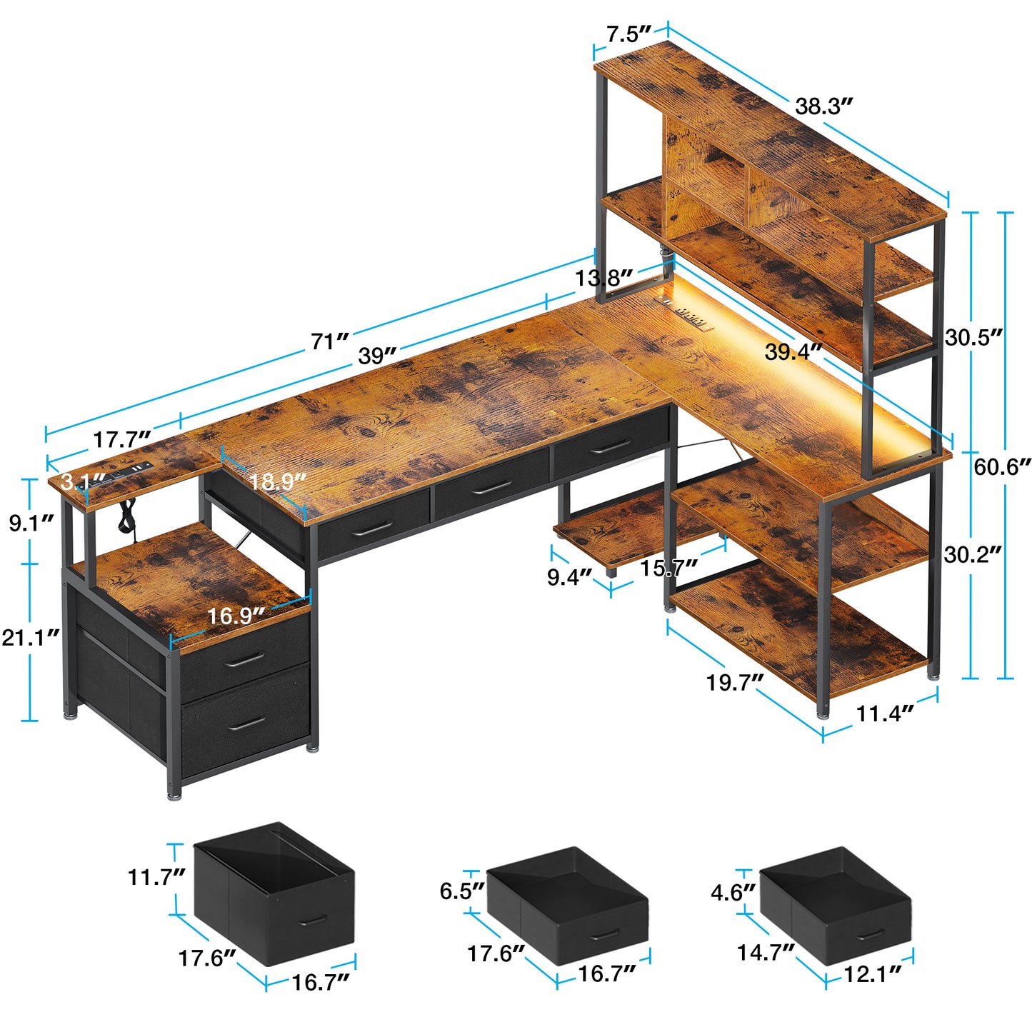 Sofanext 71 inch L Shaped Desk with File Drawers, Reversible L Shaped Gaming Desk with Power Outlets & LED Lights, Computer Desk with Storage Shelves for Home Office, Vintage