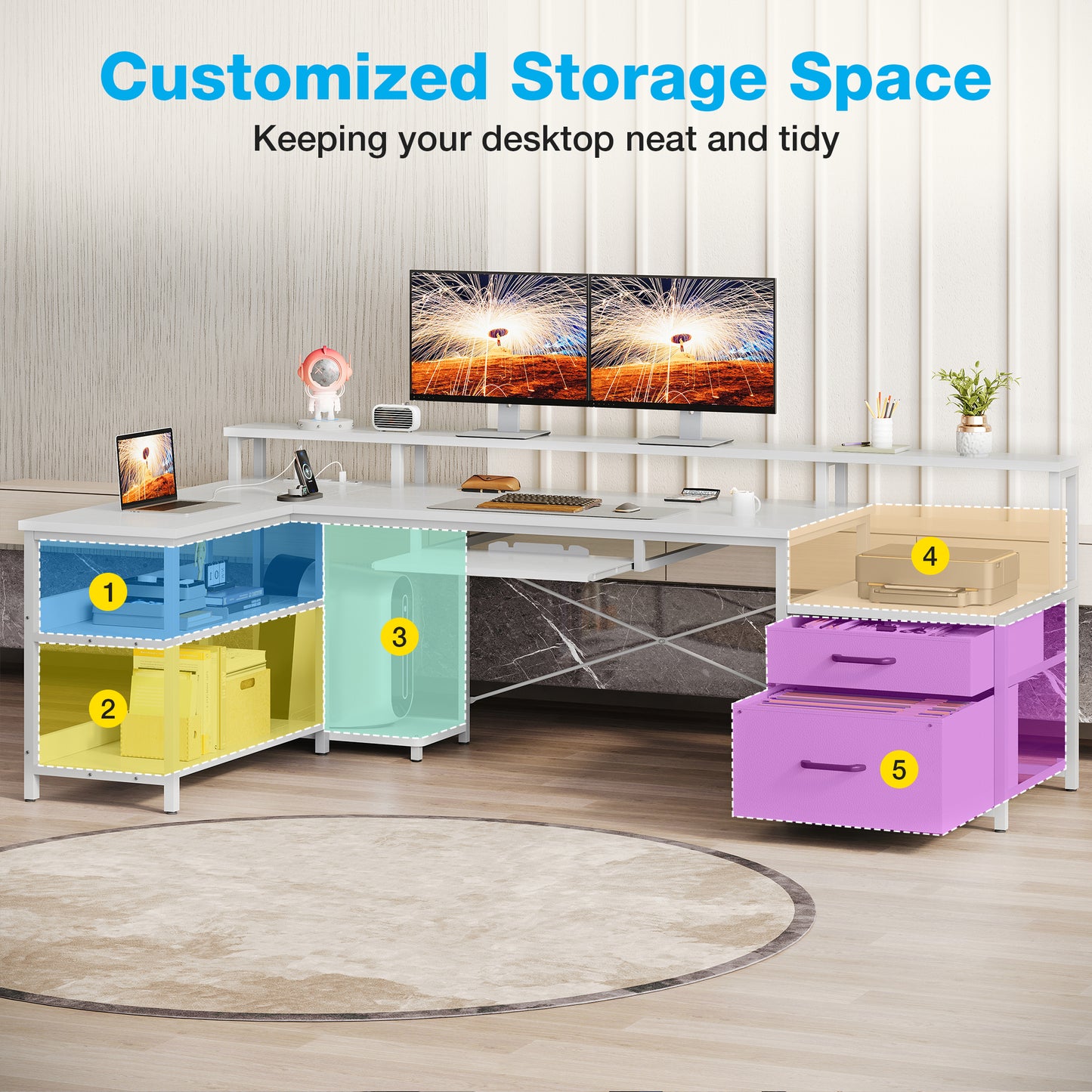 66" Reversible L Shaped Desk with File Drawer & Power Outlet, Modern Computer Desk with Keyboard Tray & LED Strip, Office Table with Storage Shelves, Gaming Desk with Monitor Shelf, White