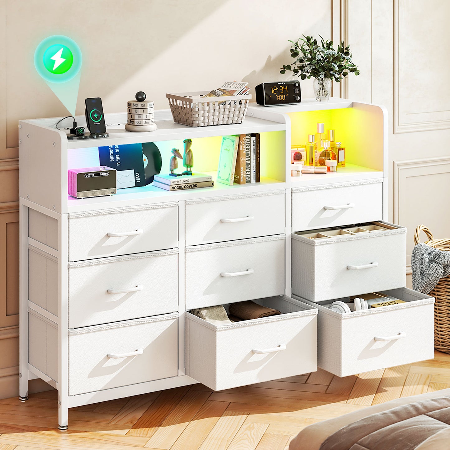 Dresser with LED Lights and Charging Station, 52-Inch Long Dresser for Bedoom with 9 Large Storage Drawers, Fabric Dresser TV Stand with Open Shelves, White