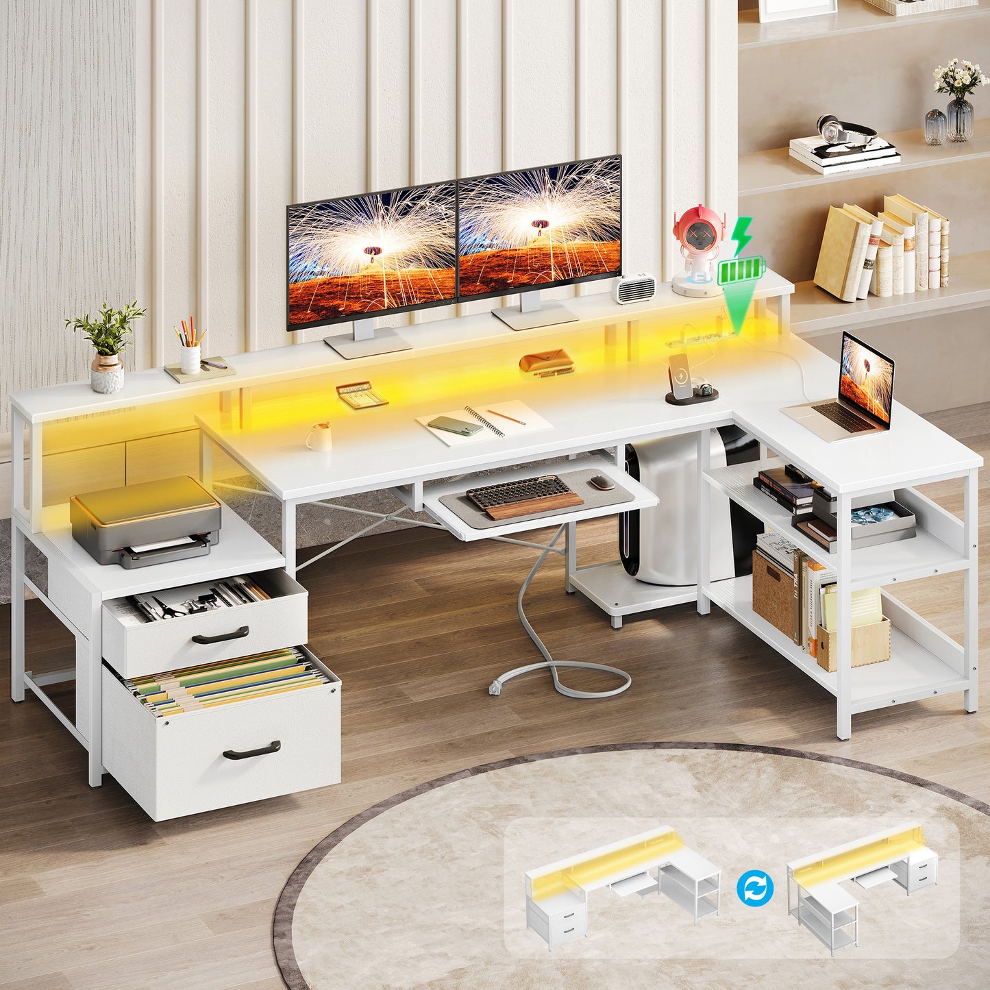66" Reversible L Shaped Desk with File Drawer & Power Outlet, Modern Computer Desk with Keyboard Tray & LED Strip, Office Table with Storage Shelves, Gaming Desk with Monitor Shelf, White