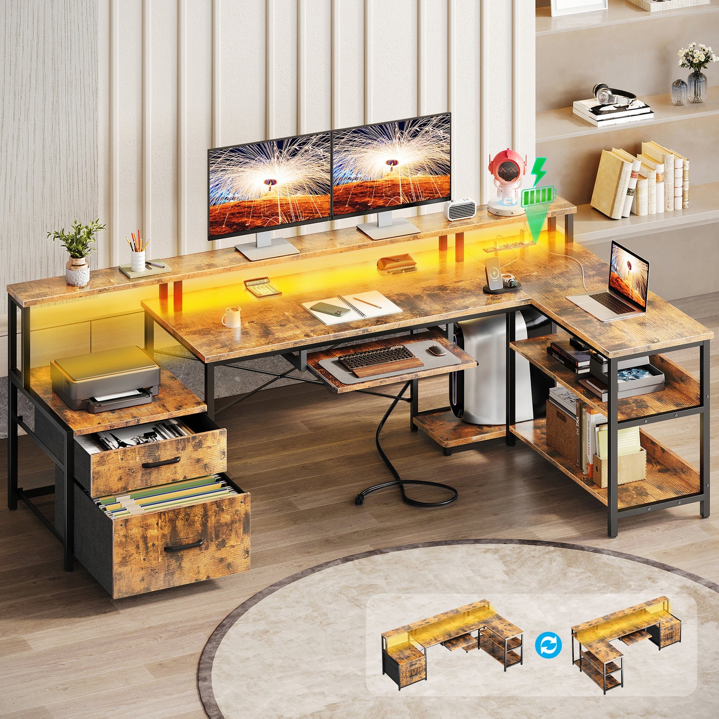66" Reversible L Shaped Desk with File Drawer & Power Outlet, Modern Computer Desk with Keyboard Tray & LED Strip, Office Table with Storage Shelves, Gaming Desk with Monitor Shelf, Vintage