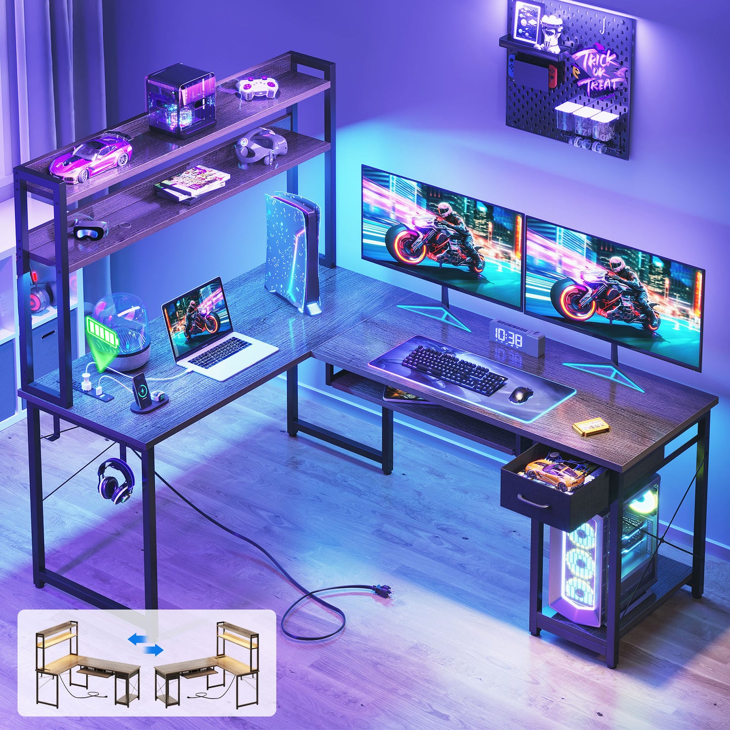 59" Reversible L-Shaped Gaming Desk with Power Outlets & LED Lights, Office Desk with Storage Drawer & Keyboard Tray for Home Office, Corner Computer Desk with Hutch, Grey Oak