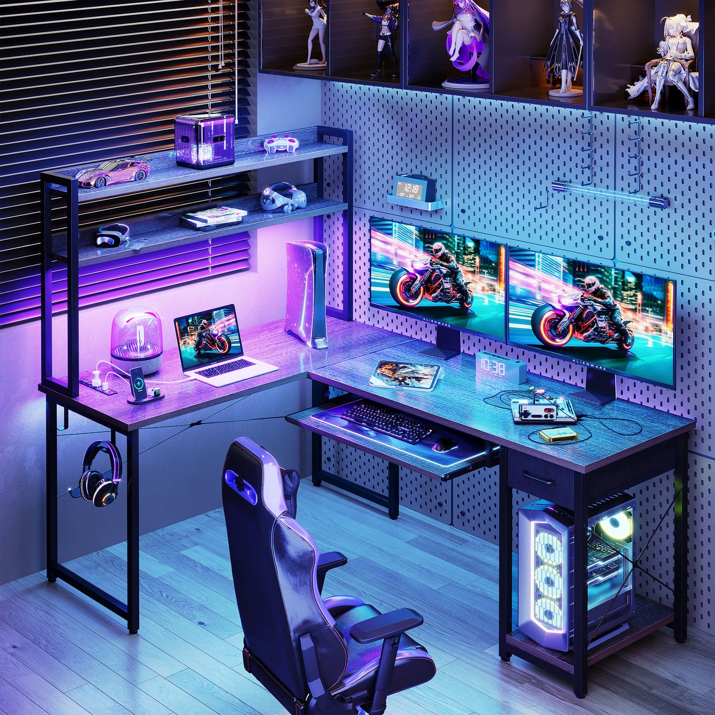 59" Reversible L-Shaped Gaming Desk with Power Outlets & LED Lights, Office Desk with Storage Drawer & Keyboard Tray for Home Office, Corner Computer Desk with Hutch, Grey Oak
