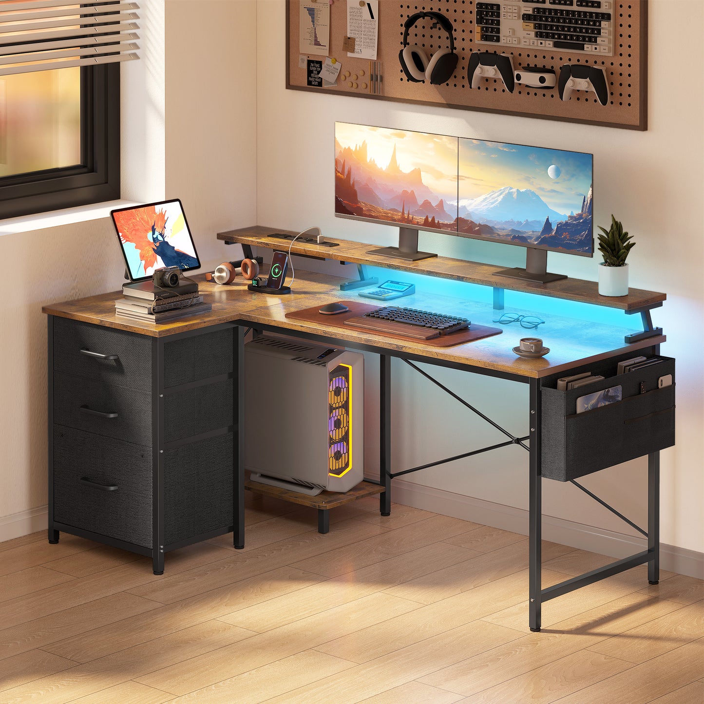 55 inch Computer Desk with Power Outlets & LED Lights, Home Office Desk with 3 Drawers & CPU Stand, Writing Desk with Monitor Shelf & Storage Bag, Vintage