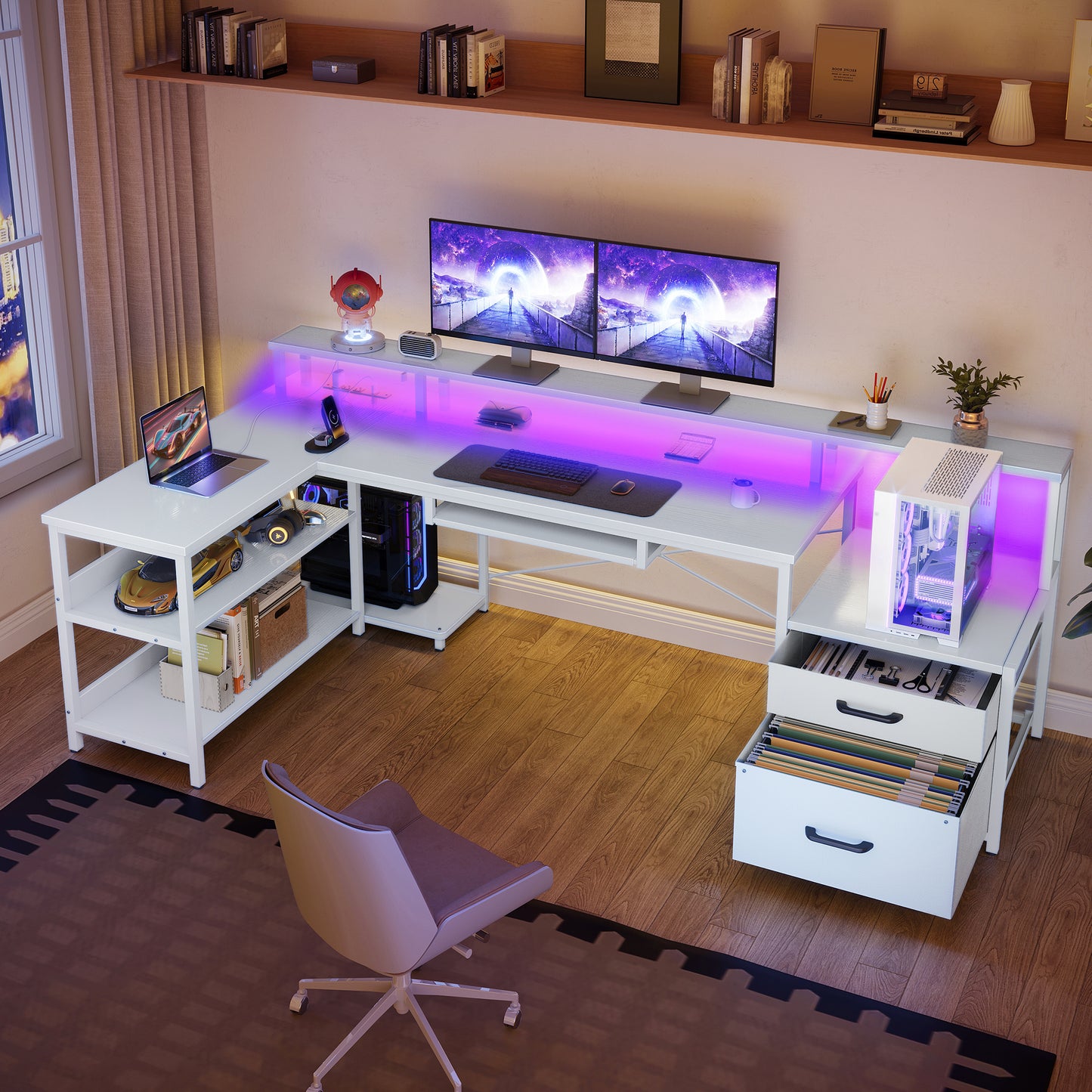 66" Reversible L Shaped Desk with File Drawer & Power Outlet, Modern Computer Desk with Keyboard Tray & LED Strip, Office Table with Storage Shelves, Gaming Desk with Monitor Shelf, White