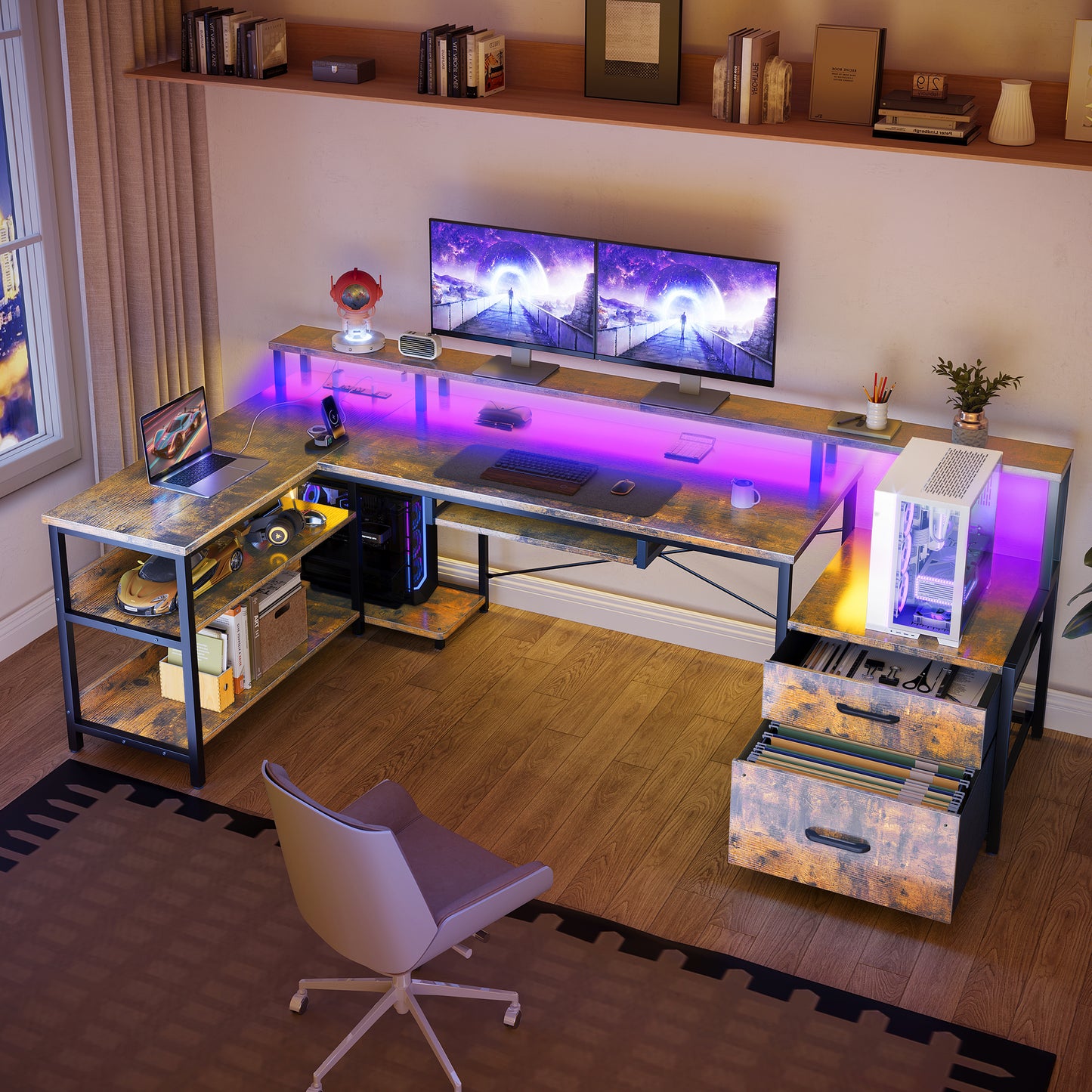 66" Reversible L Shaped Desk with File Drawer & Power Outlet, Modern Computer Desk with Keyboard Tray & LED Strip, Office Table with Storage Shelves, Gaming Desk with Monitor Shelf, Vintage