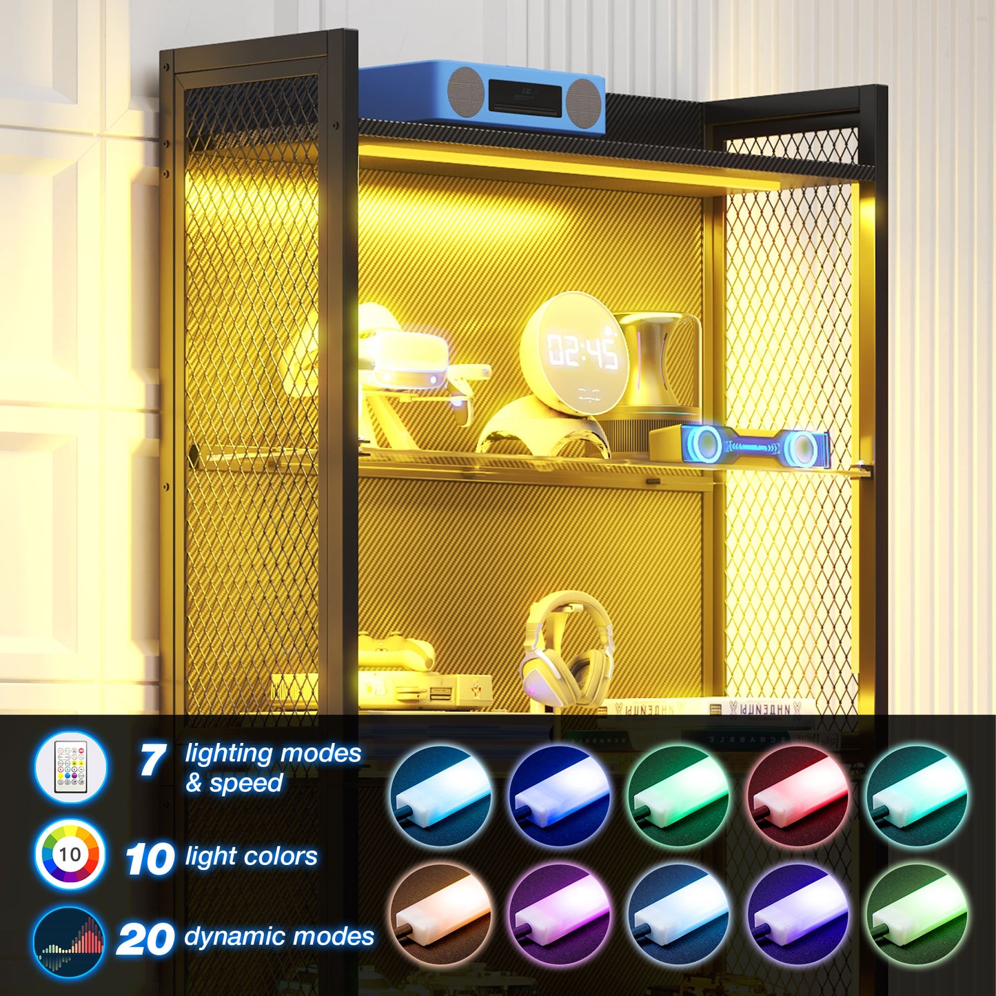 LED Glass Curio Cabinet for Gaming Room, RGB Lighted Display Cabinet with 4+1 Shelves, 5-Strip LED with Controller, Display Case for Figures, Gamepads & Collectibles, Black