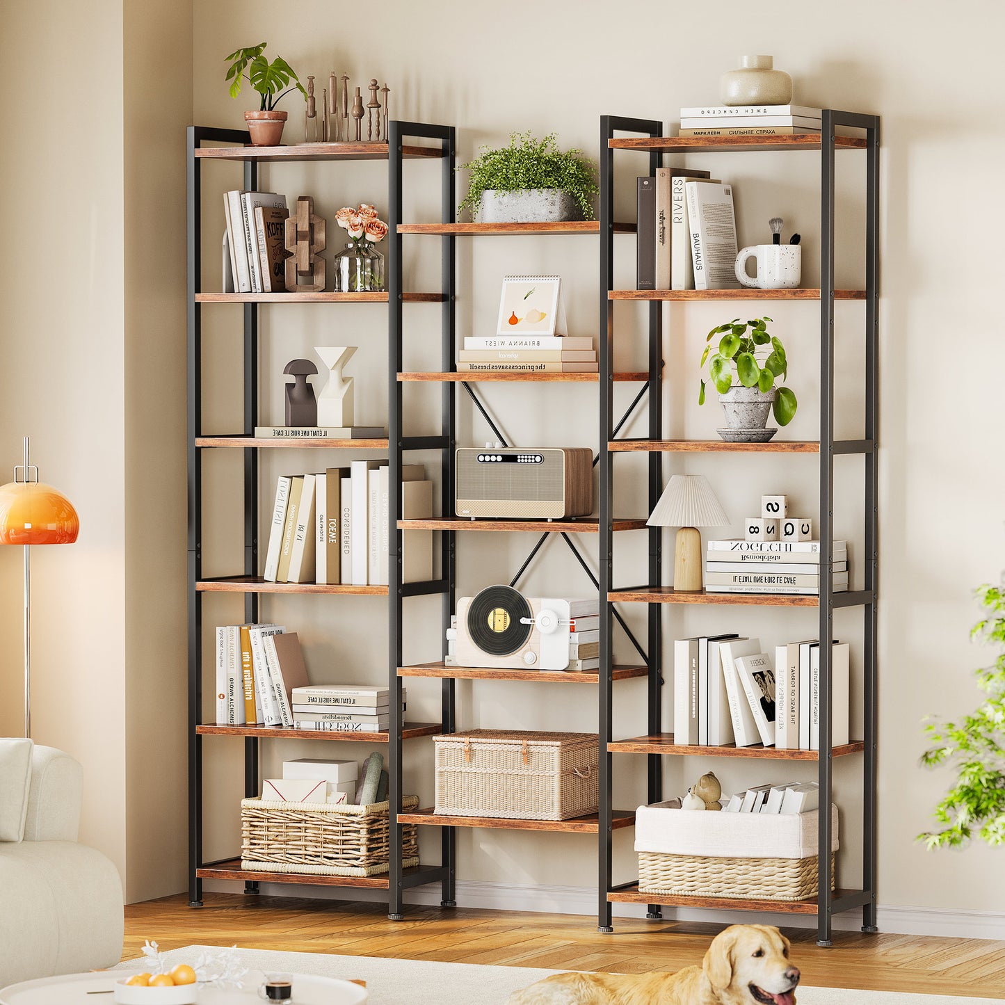 Sofanext Triple Wide 6 Tier Bookshelf, Rustic Industrial Style Bookcases with 15 Open Display Shelves, Modern Tall Bookcase Furniture for Bedroom, Living Room and Home Office, Rustic Brown