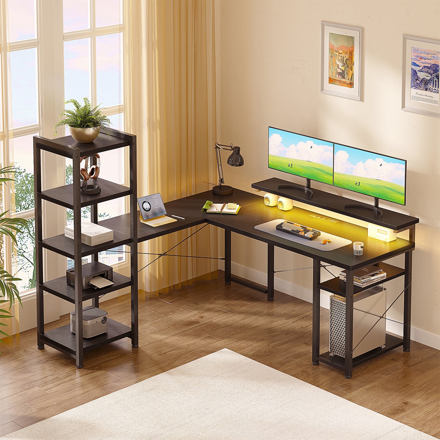 53 inch Reversible L Shaped Corner Desk with Power Outlets & Bookshelf for Home Office, Modern Gaming Desk with LED Lights for Bedroom, Black