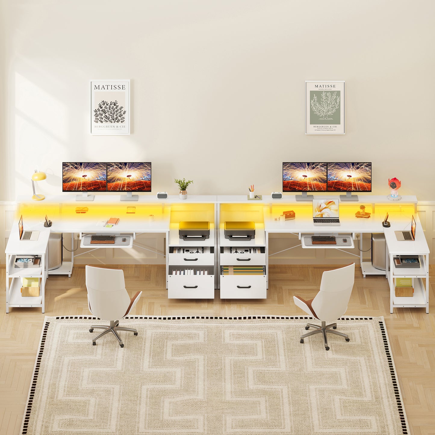 66" Reversible L Shaped Desk with File Drawer & Power Outlet, Modern Computer Desk with Keyboard Tray & LED Strip, Office Table with Storage Shelves, Gaming Desk with Monitor Shelf, White