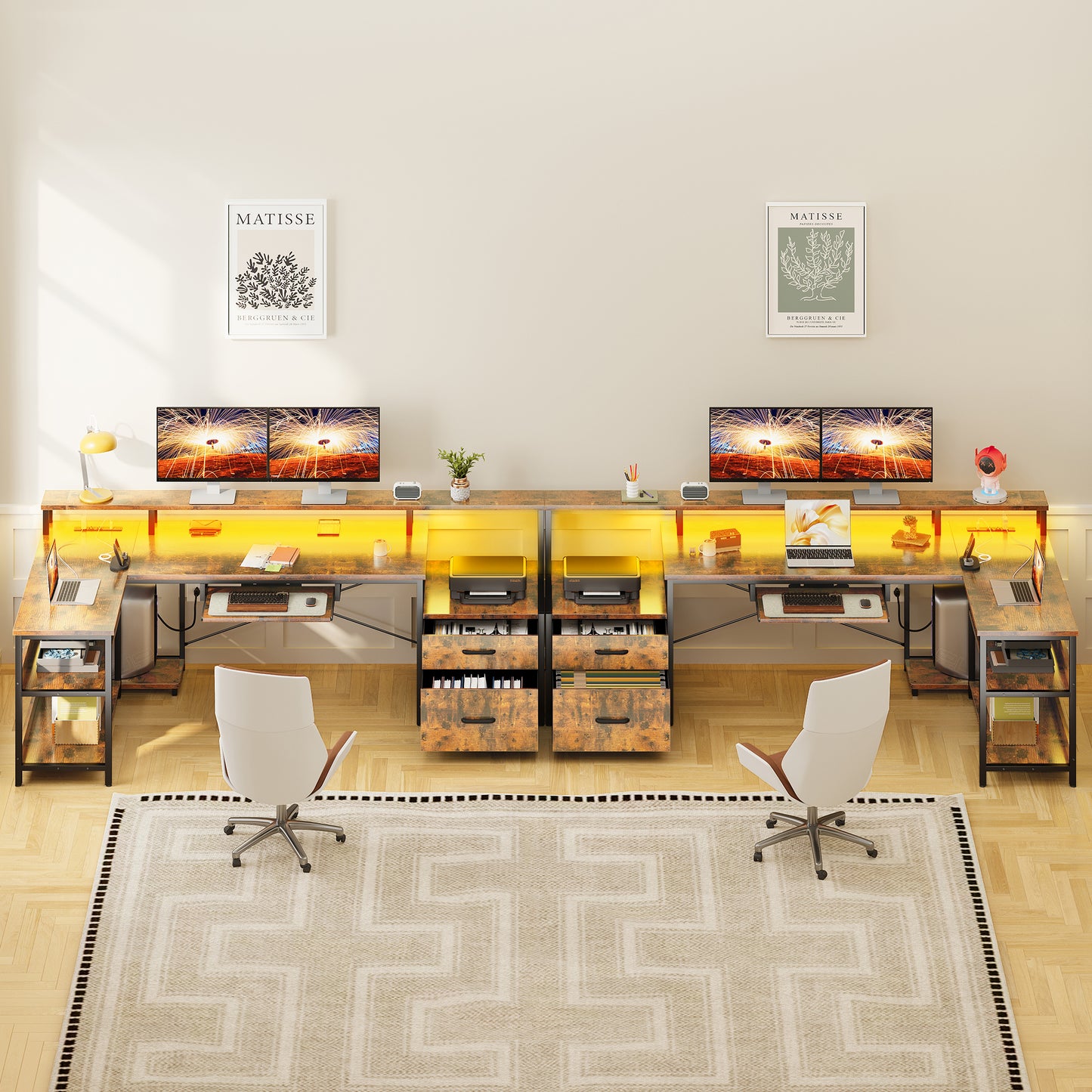 66" Reversible L Shaped Desk with File Drawer & Power Outlet, Modern Computer Desk with Keyboard Tray & LED Strip, Office Table with Storage Shelves, Gaming Desk with Monitor Shelf, Vintage