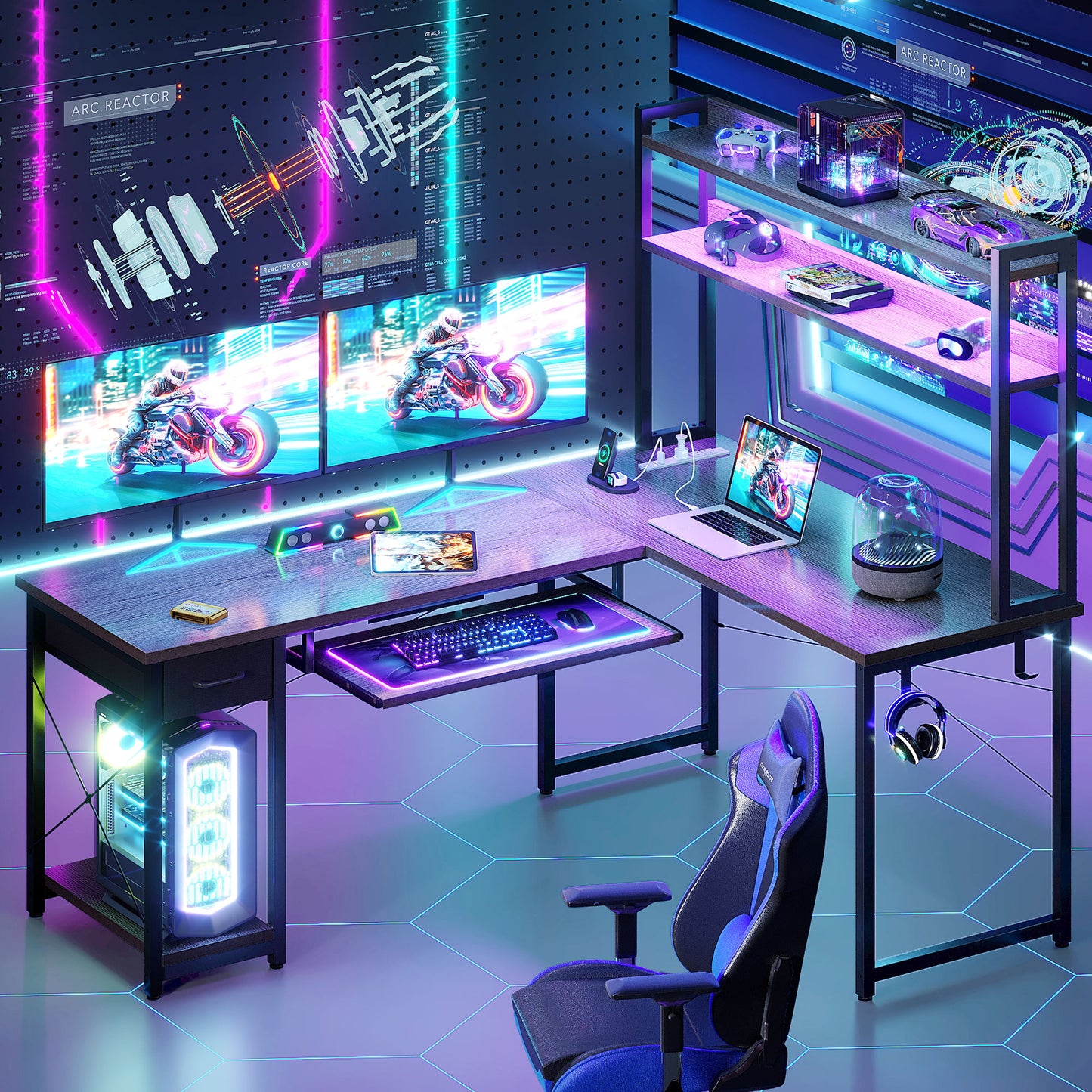 59" Reversible L-Shaped Gaming Desk with Power Outlets & LED Lights, Office Desk with Storage Drawer & Keyboard Tray for Home Office, Corner Computer Desk with Hutch, Grey Oak